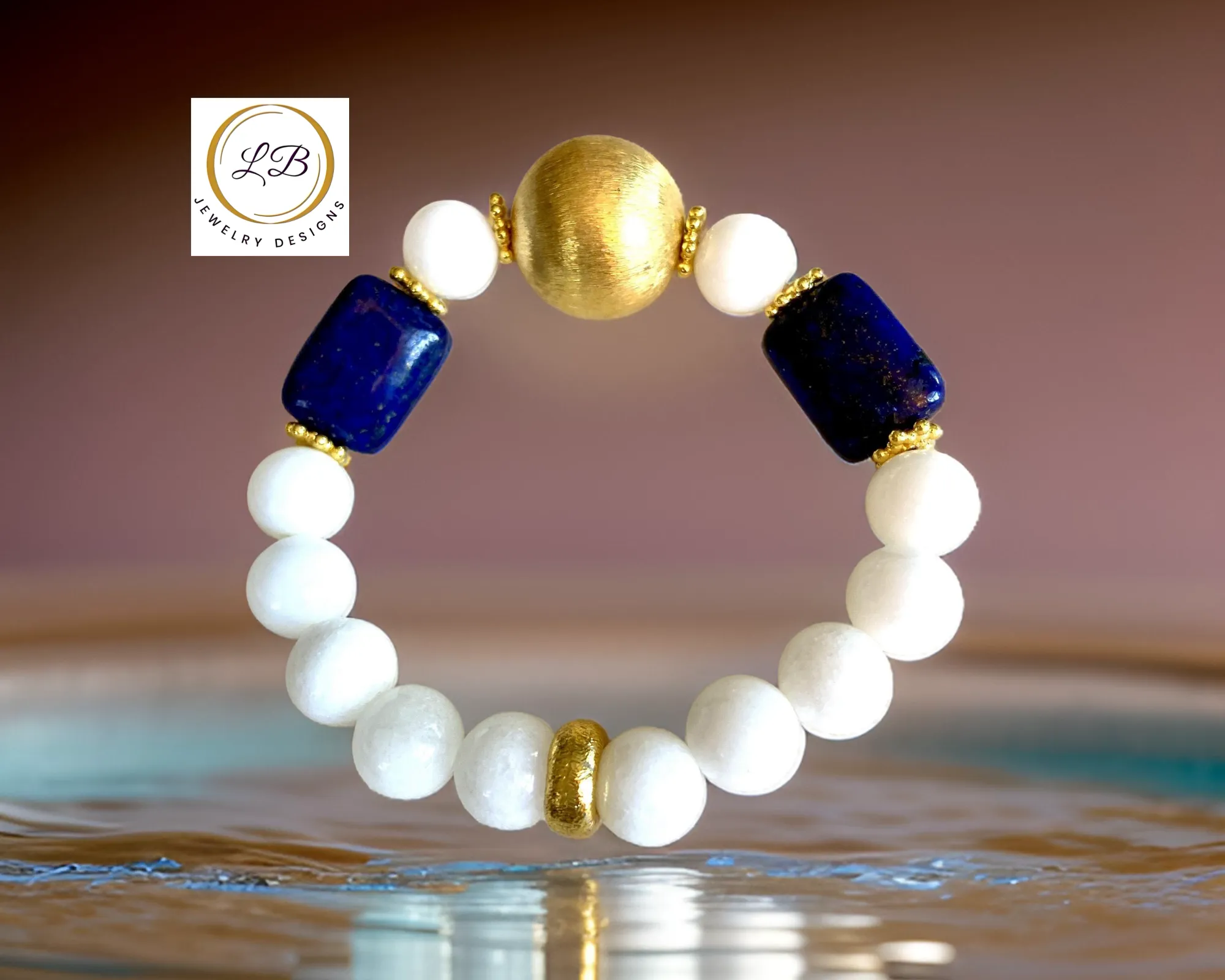 Lapis Lazuli & Alabaster Gemstone Brushed Gold Vermeil Bracelet