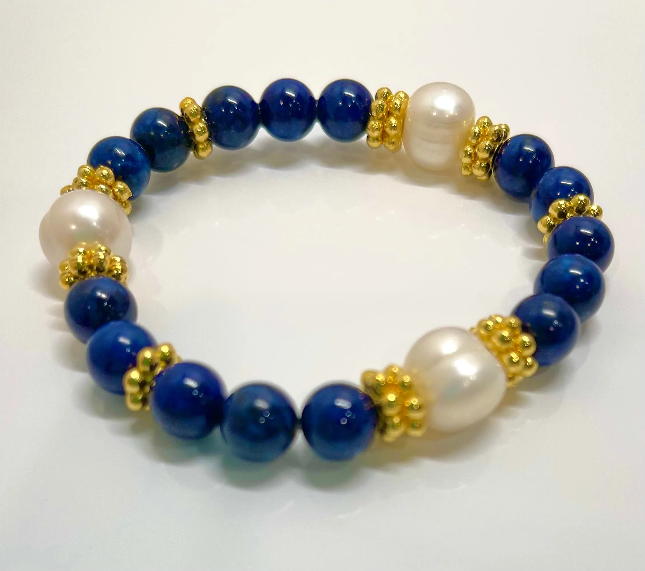 Lapis Lazuli & Baroque Pearl Gemstone Gold Beaded Bracelet