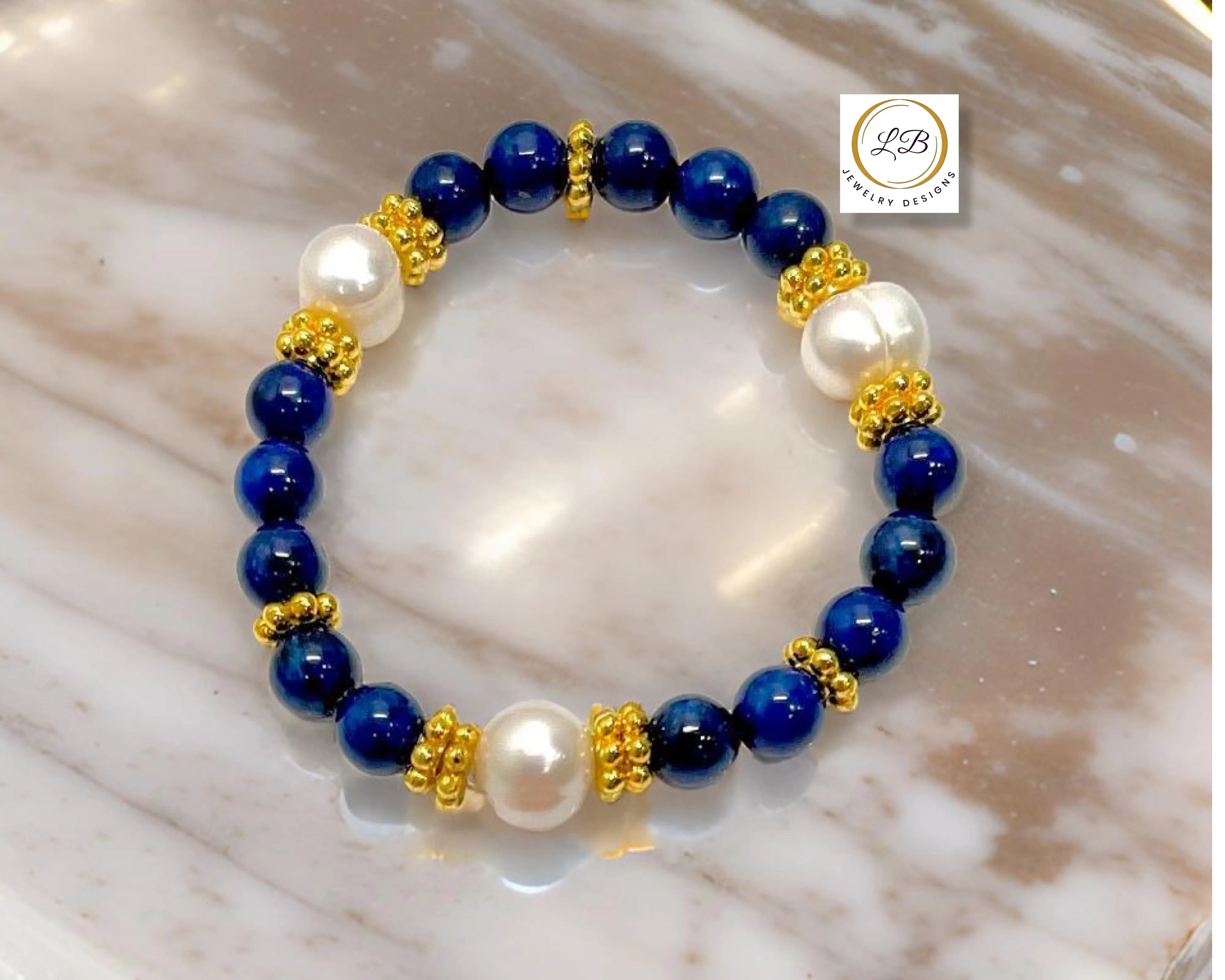 Lapis Lazuli & Baroque Pearl Gemstone Gold Beaded Bracelet