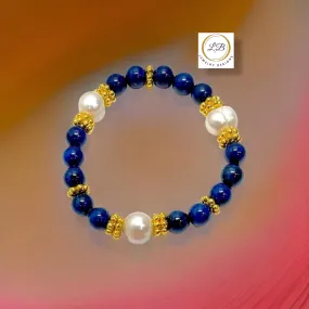 Lapis Lazuli & Baroque Pearl Gemstone Gold Beaded Bracelet