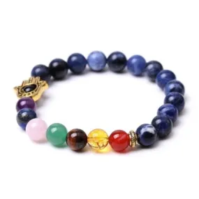 Lapis Lazuli Hamsa 7 Chakra Elastic Bracelet | Wisdom, Protection & Energy Alignment