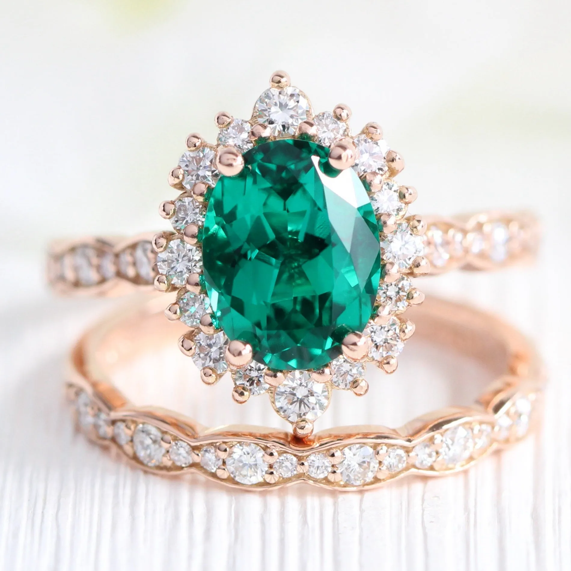 Large Oval Emerald Engagement Ring in Tiara Halo Diamond Scalloped Band