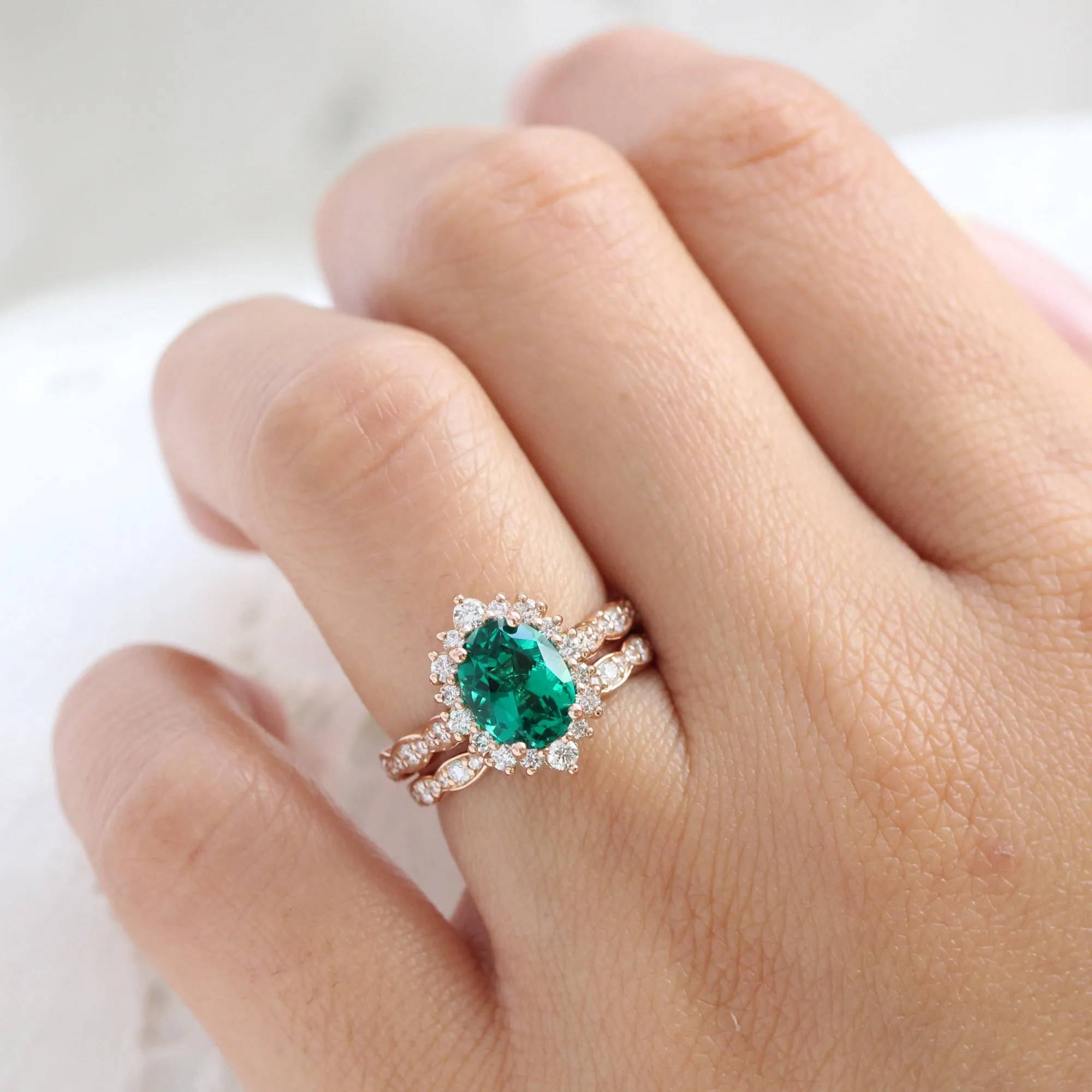 Large Oval Emerald Engagement Ring in Tiara Halo Diamond Scalloped Band