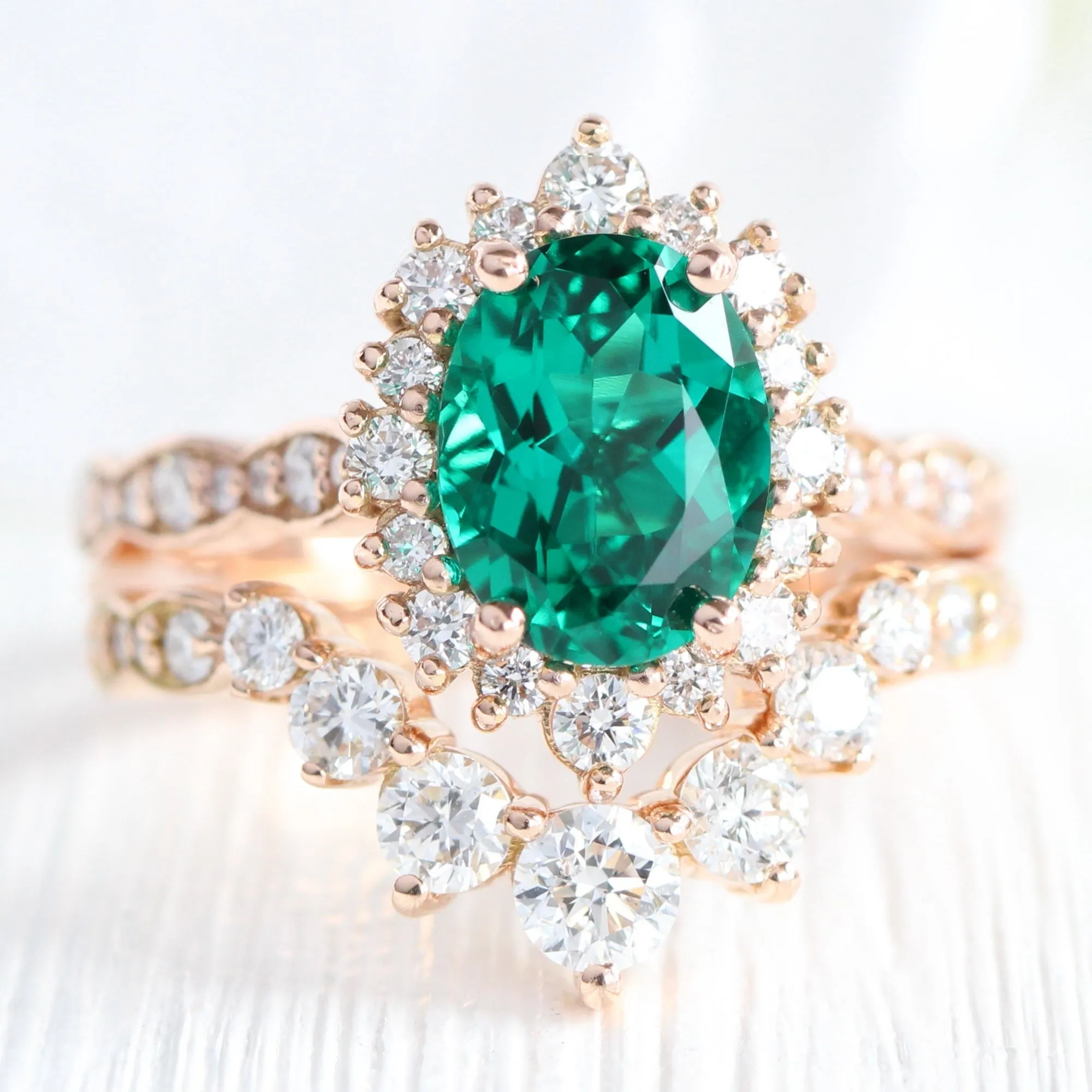 Large Oval Emerald Engagement Ring in Tiara Halo Diamond Scalloped Band