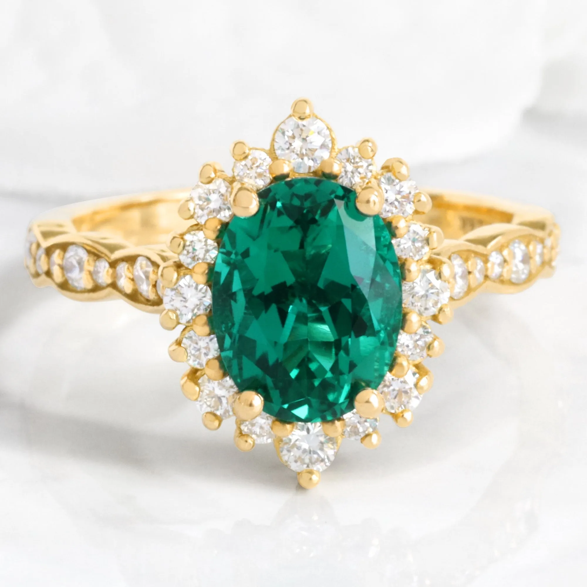 Large Oval Emerald Engagement Ring in Tiara Halo Diamond Scalloped Band