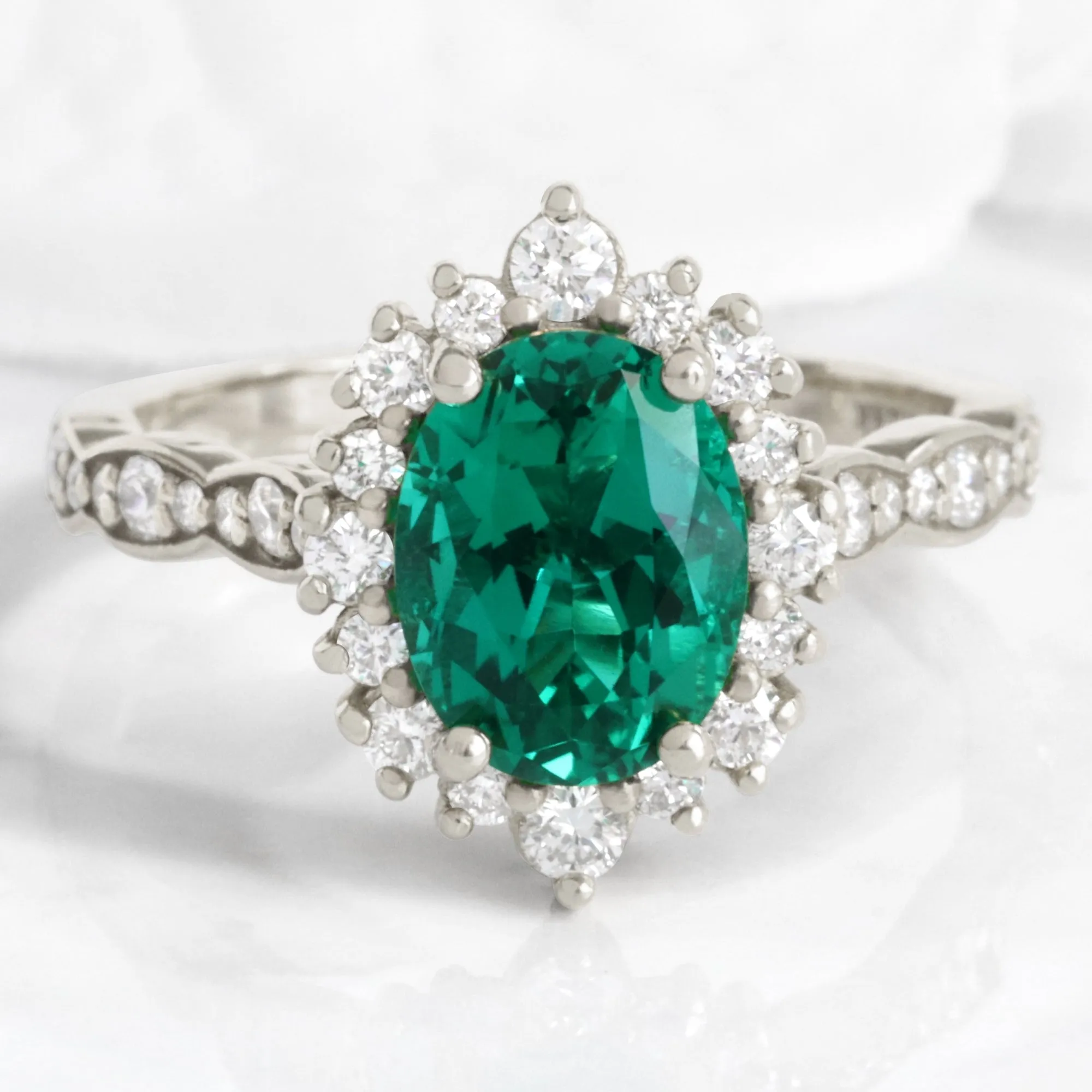 Large Oval Emerald Engagement Ring in Tiara Halo Diamond Scalloped Band