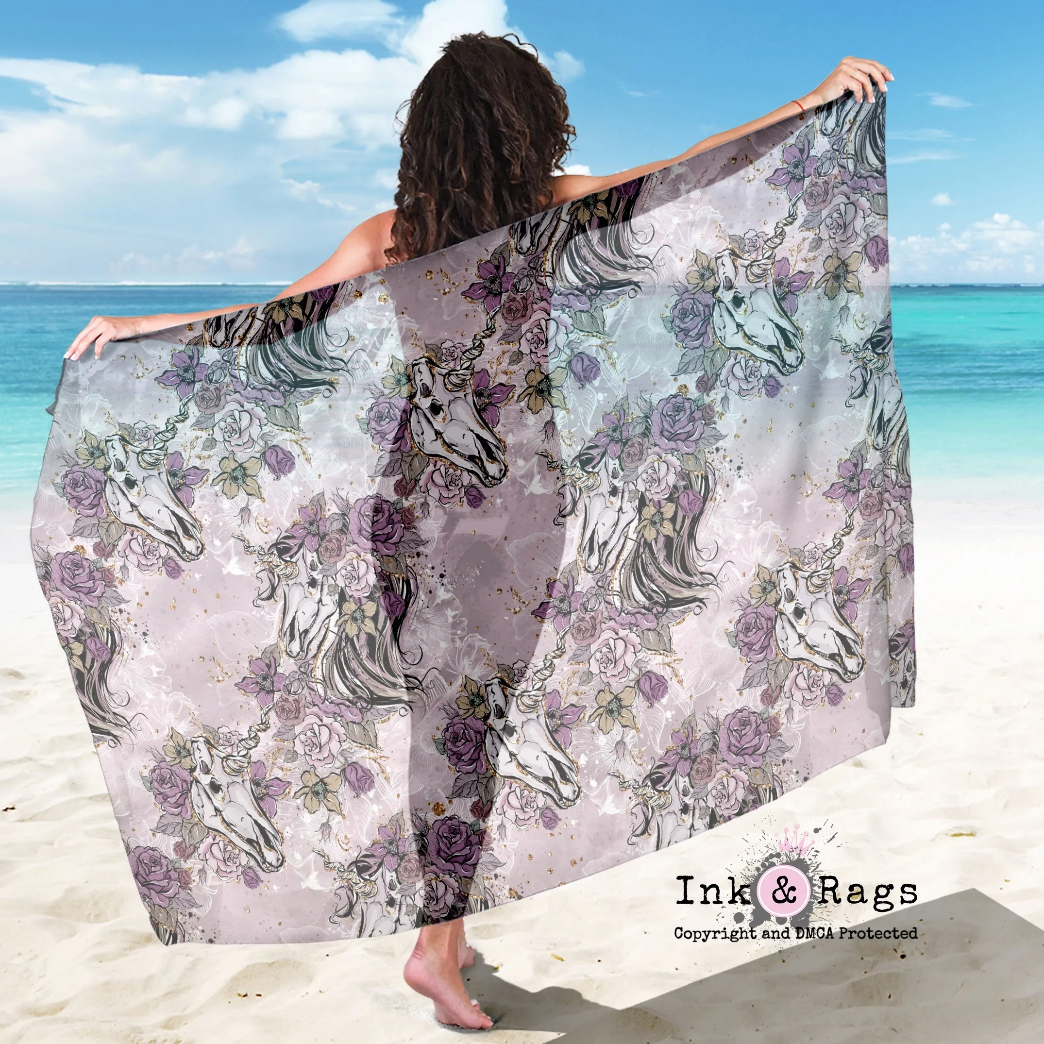 Large Sheer Purple Rose Unicorn Skull Scarf, Sarong, Shawl