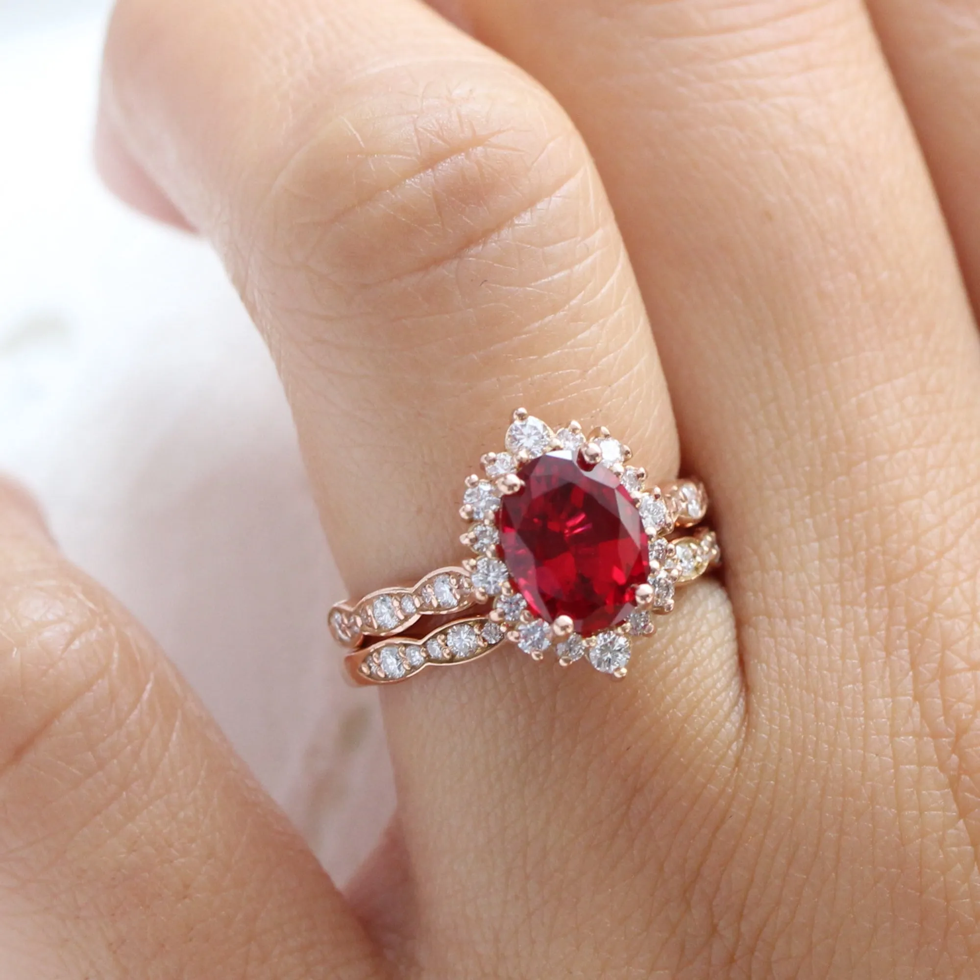 Large Tiara Halo Oval Ruby Ring Set w/ Scalloped Diamond Wedding Band