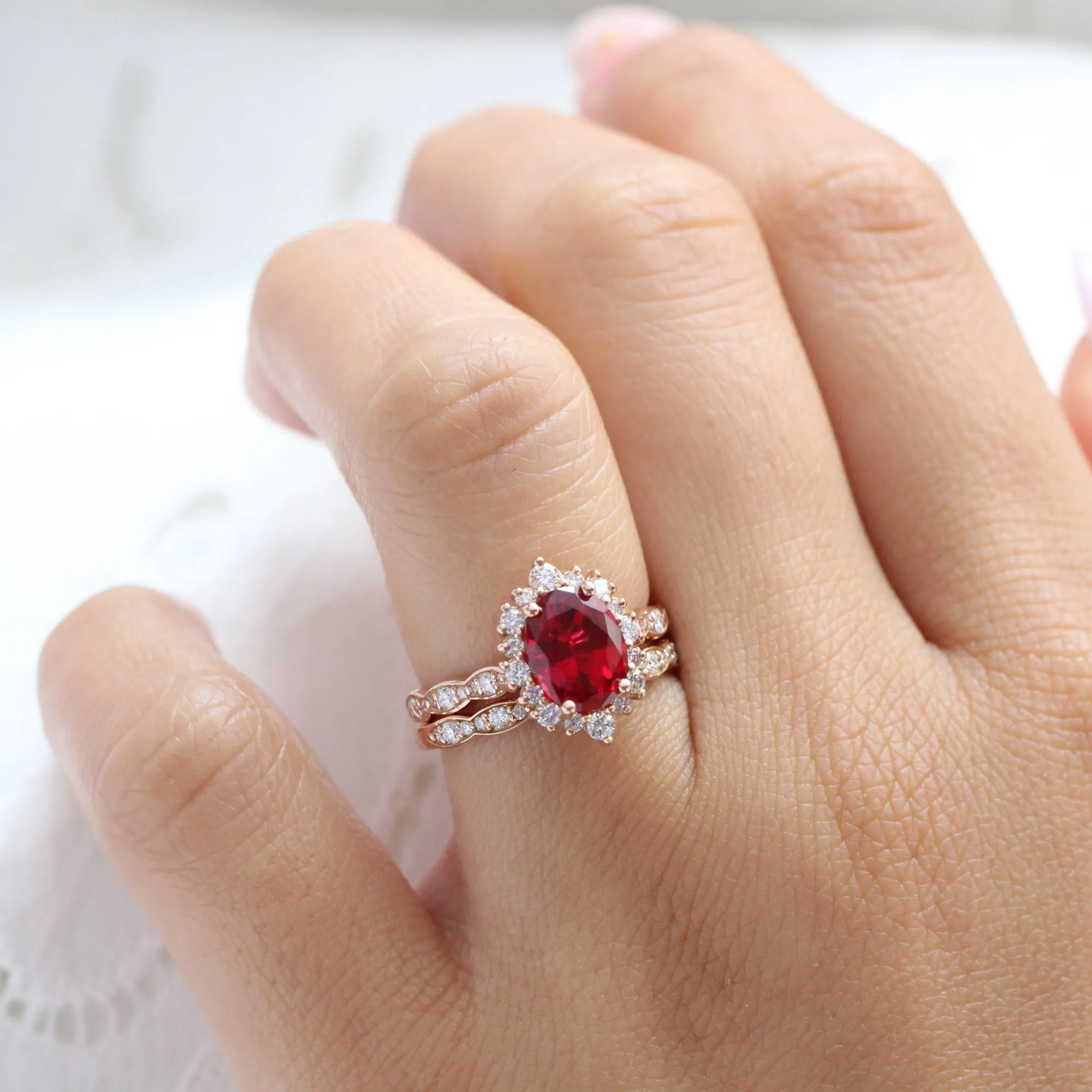 Large Tiara Halo Oval Ruby Ring Set w/ Scalloped Diamond Wedding Band