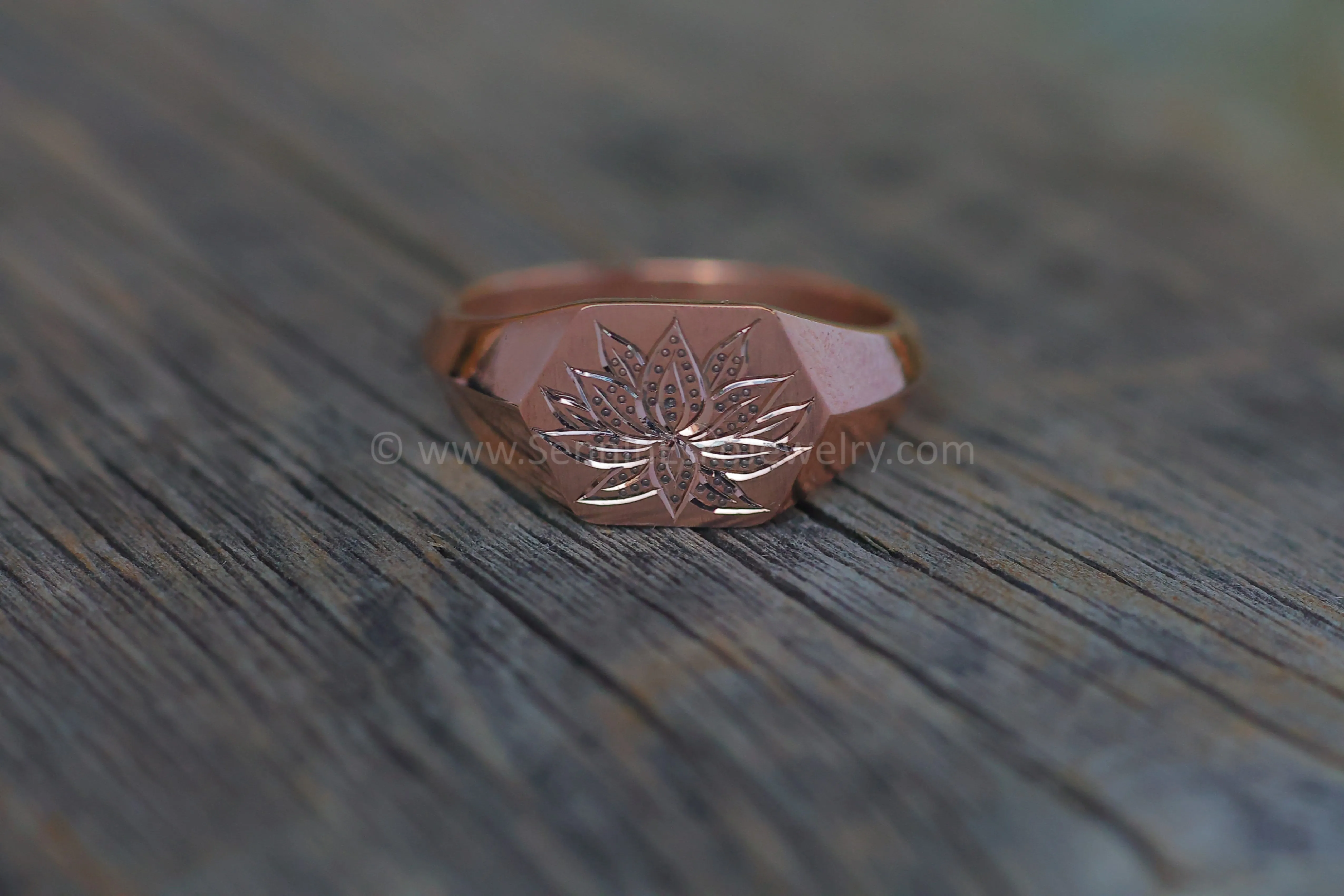 Lotus Signet Ring - 14kt Rose Gold Bright Cut Engraving