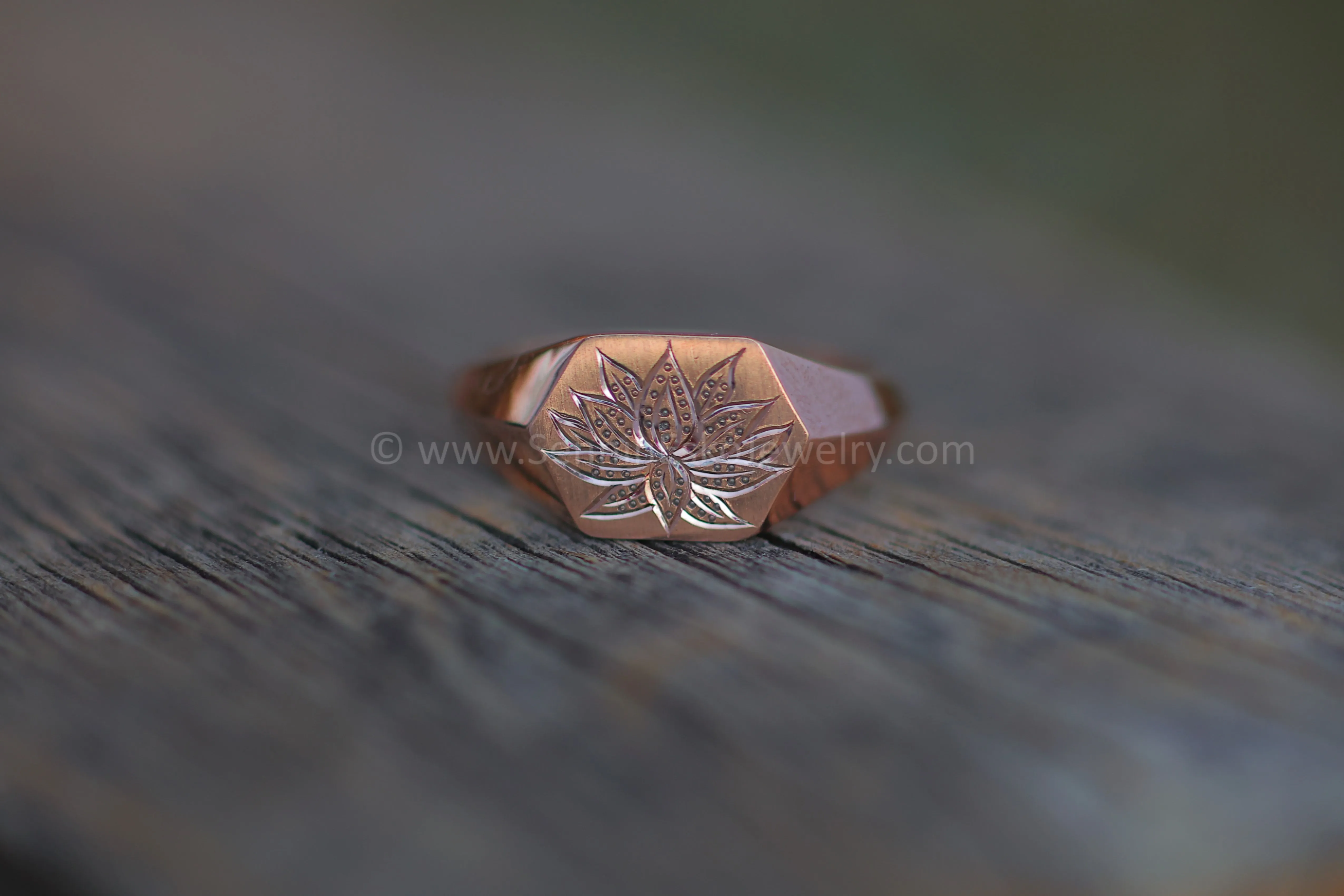 Lotus Signet Ring - 14kt Rose Gold Bright Cut Engraving