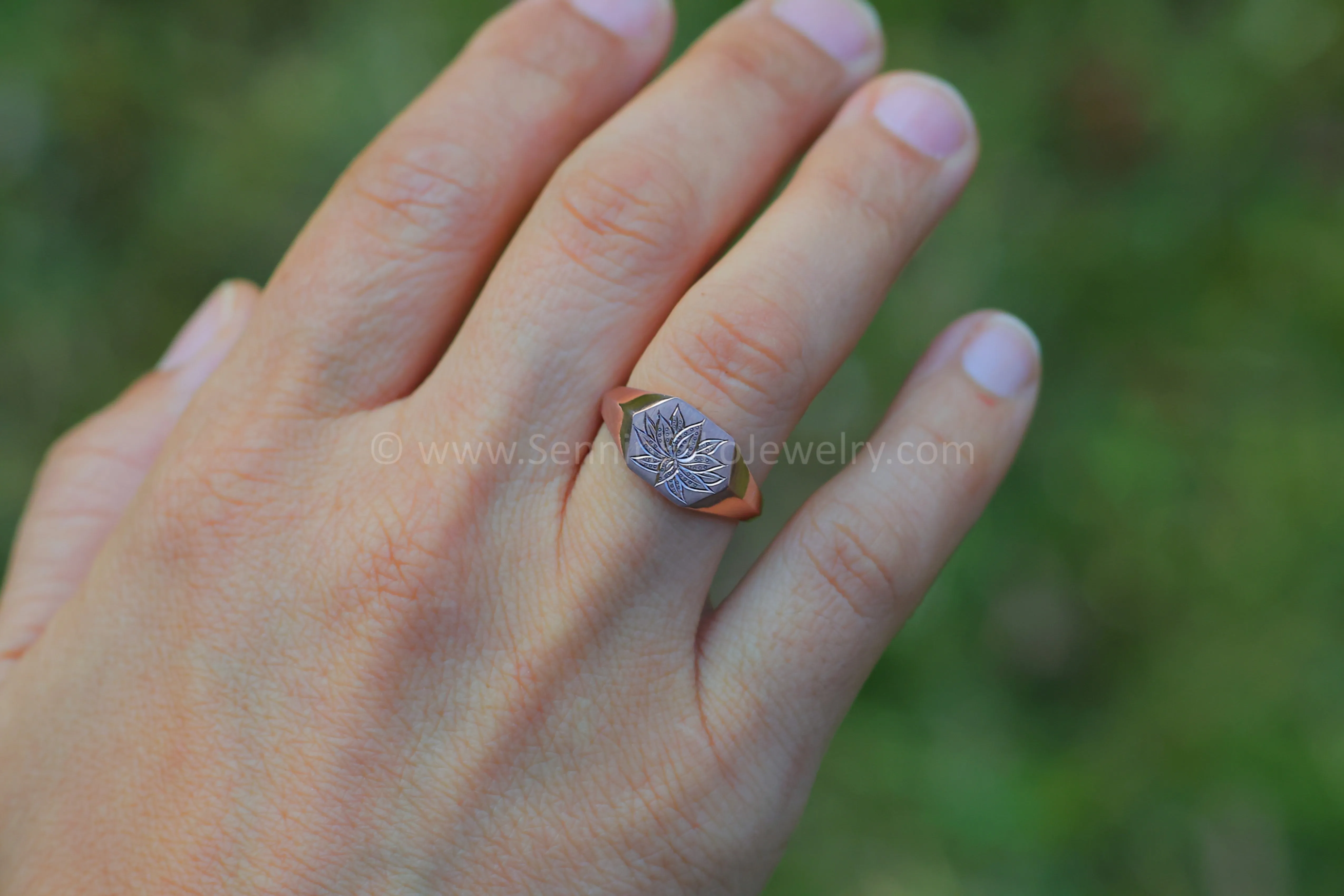 Lotus Signet Ring - 14kt Rose Gold Bright Cut Engraving