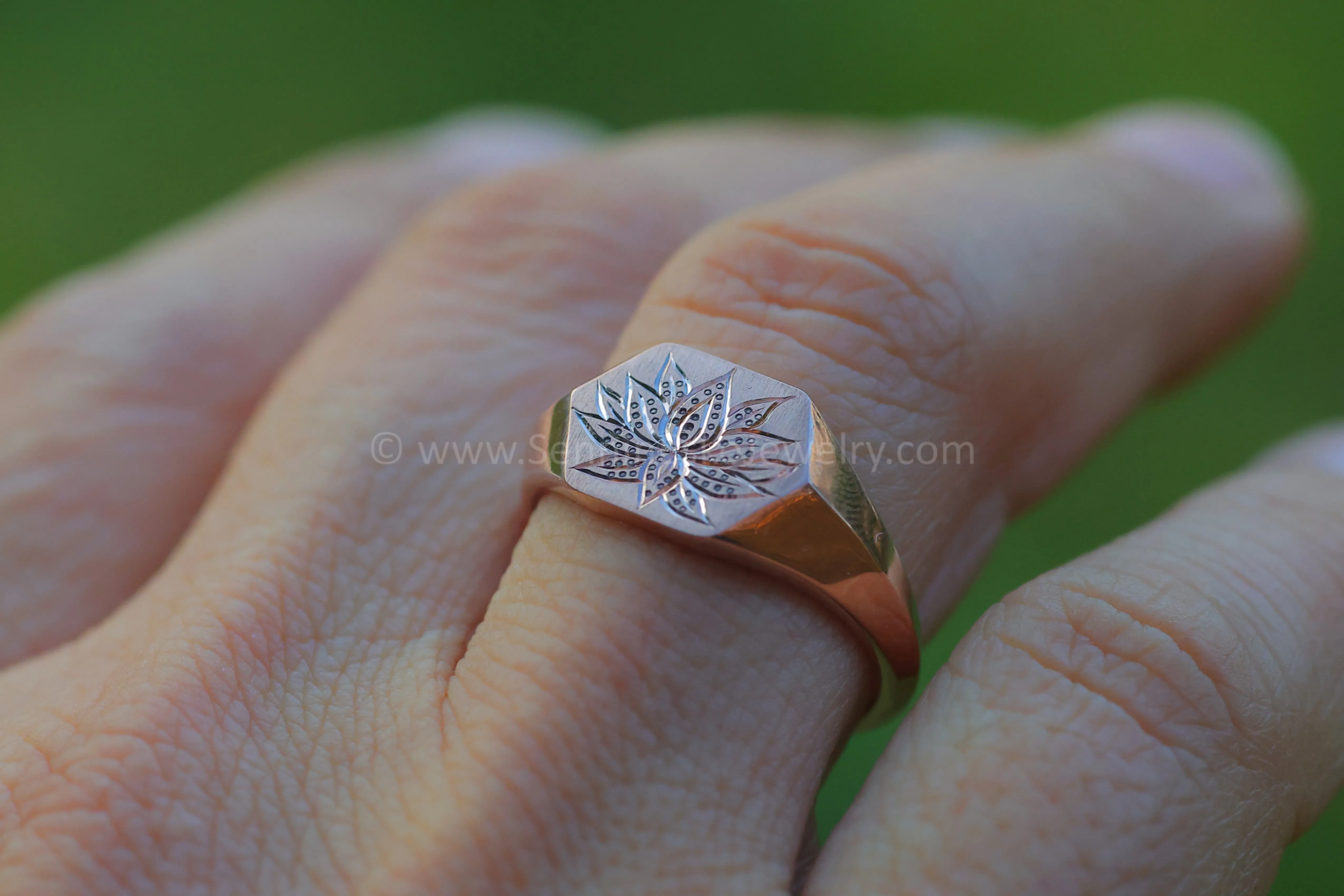 Lotus Signet Ring - 14kt Rose Gold Bright Cut Engraving