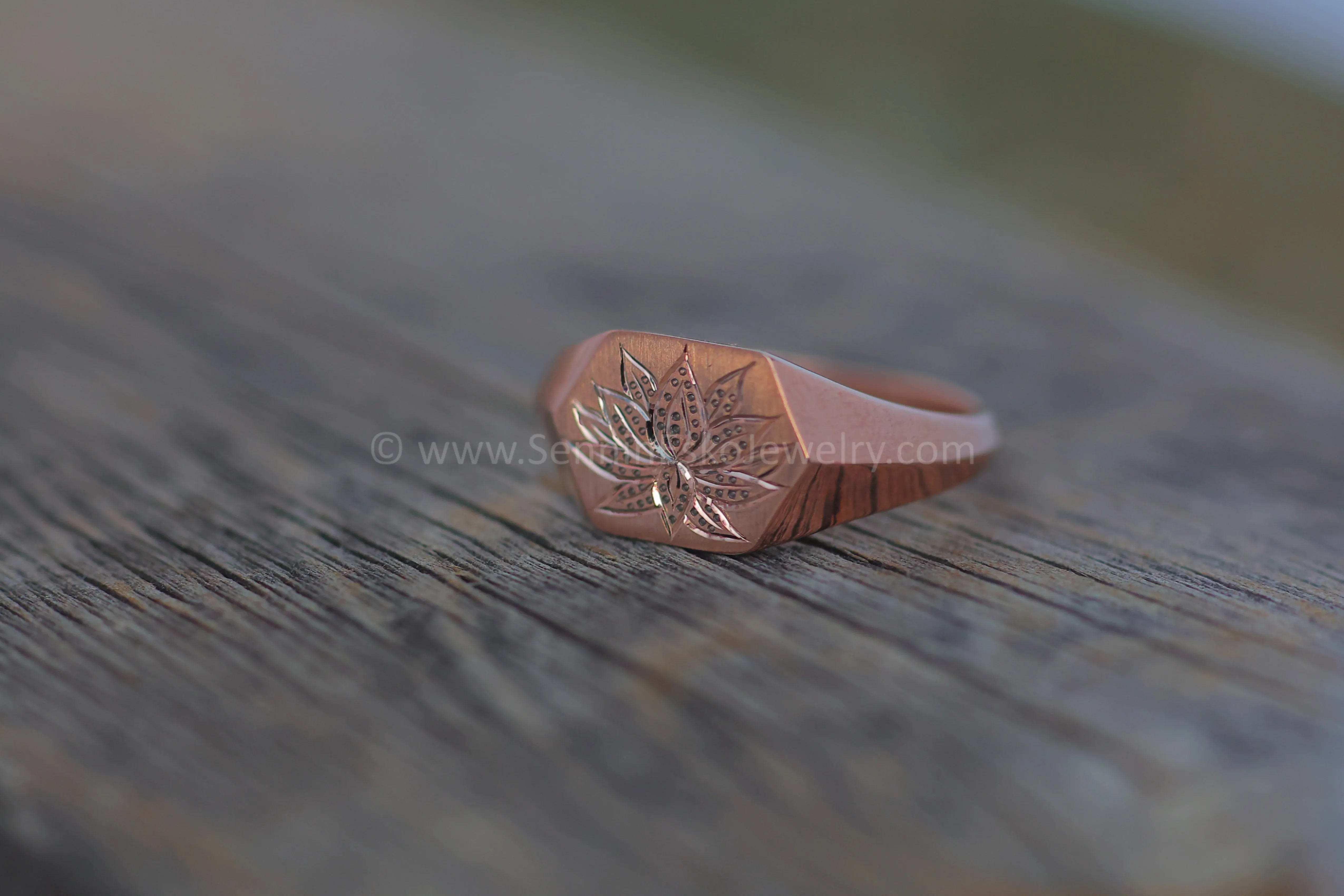 Lotus Signet Ring - 14kt Rose Gold Bright Cut Engraving