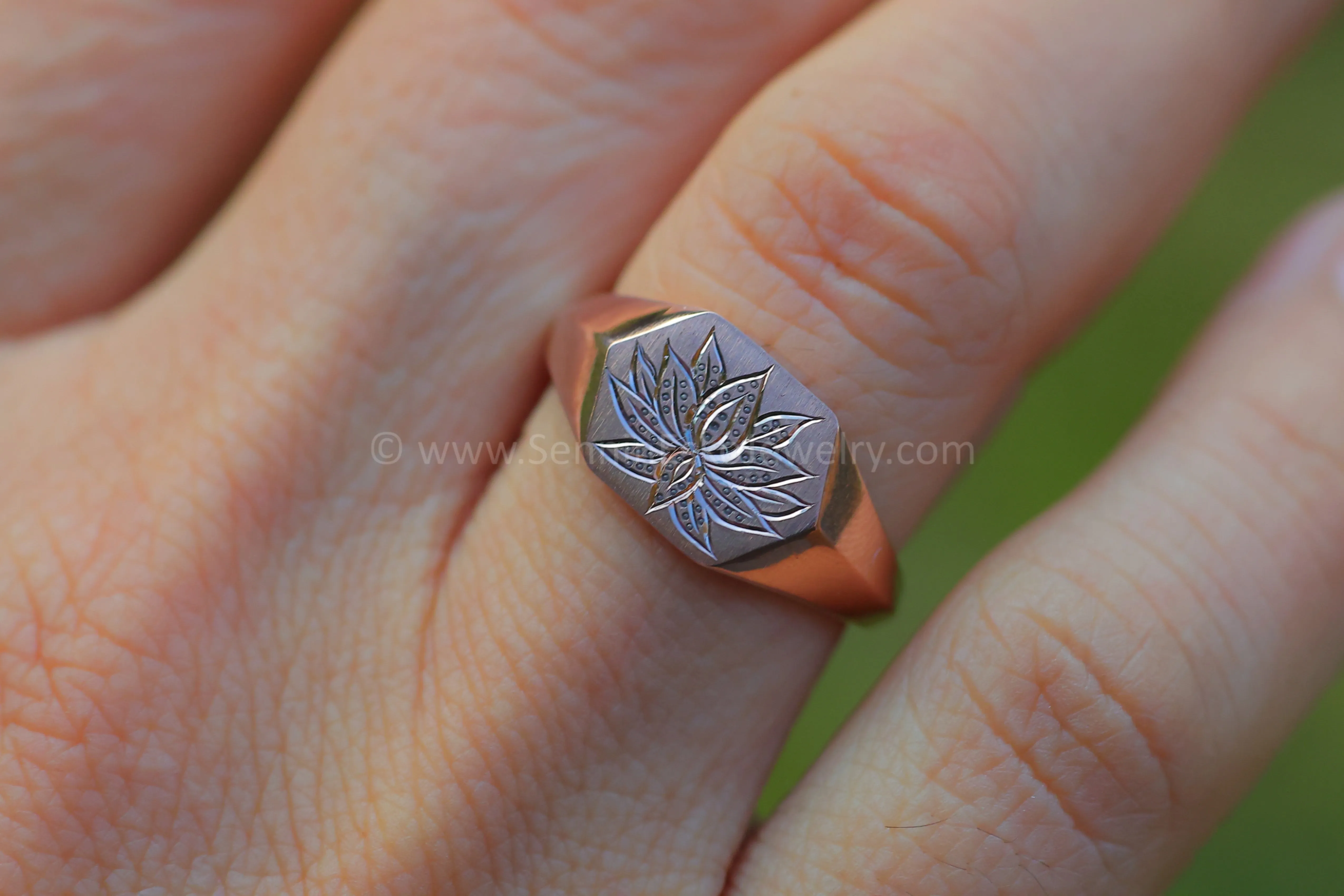 Lotus Signet Ring - 14kt Rose Gold Bright Cut Engraving