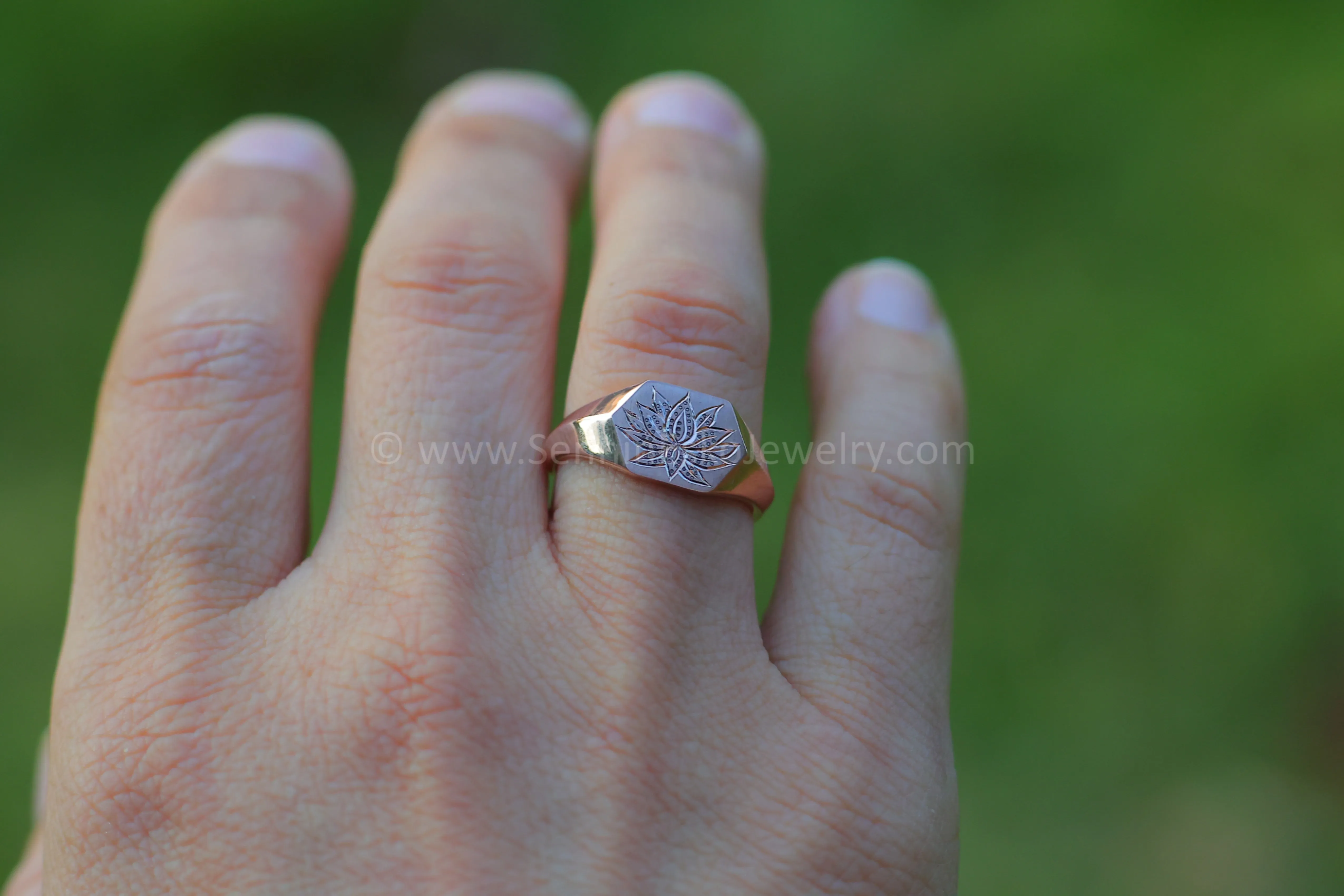 Lotus Signet Ring - 14kt Rose Gold Bright Cut Engraving