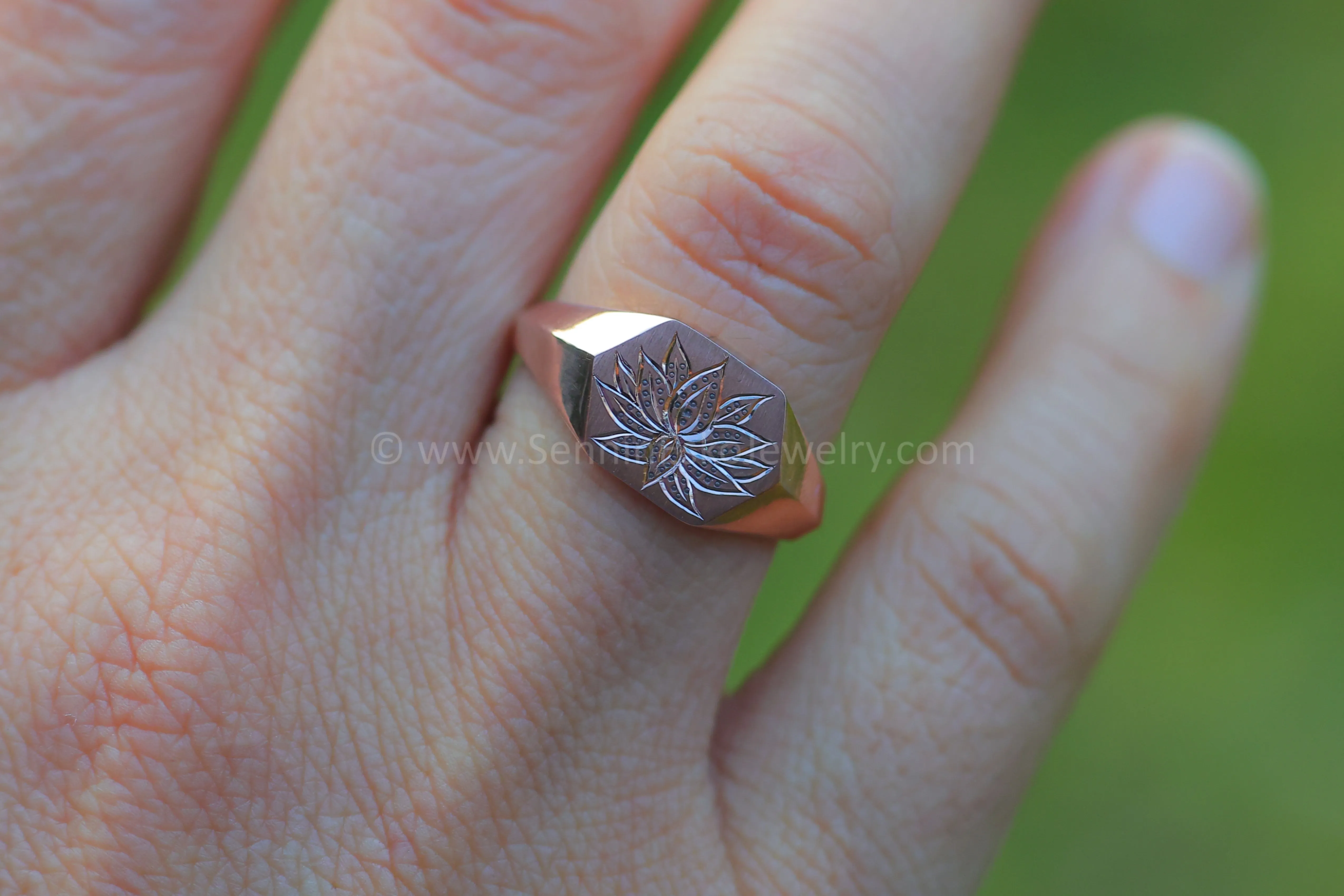 Lotus Signet Ring - 14kt Rose Gold Bright Cut Engraving