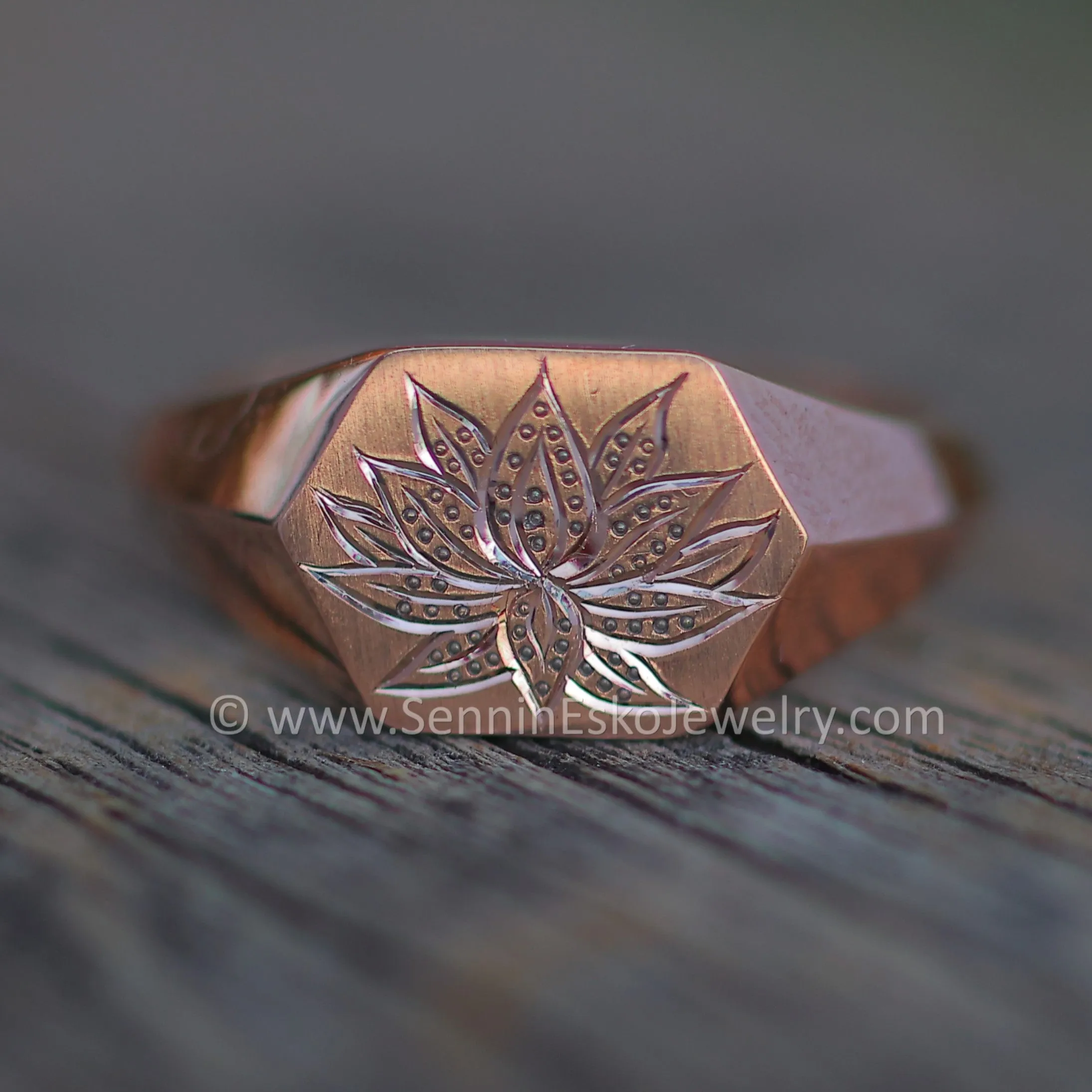 Lotus Signet Ring - 14kt Rose Gold Bright Cut Engraving