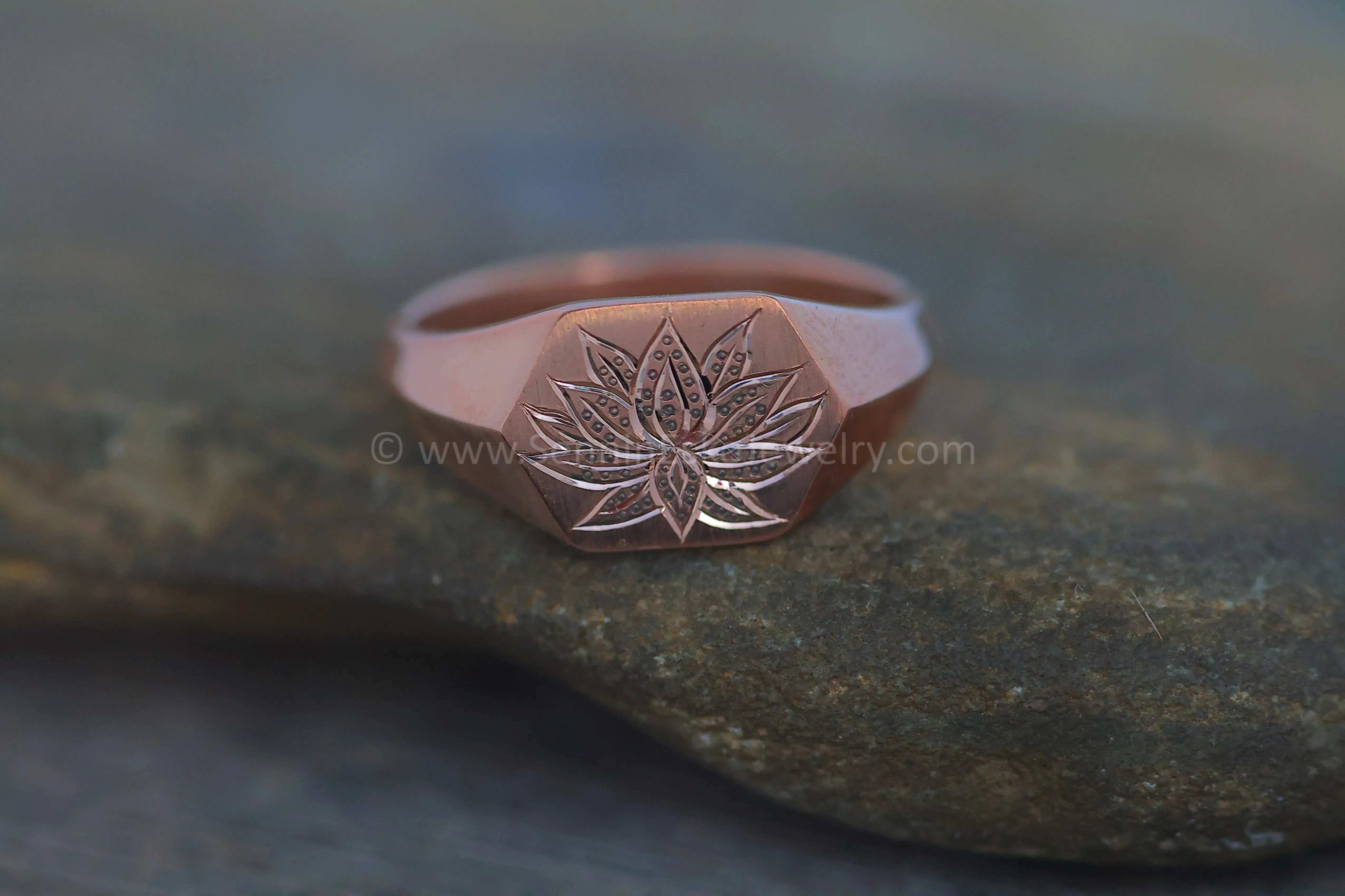 Lotus Signet Ring - 14kt Rose Gold Bright Cut Engraving