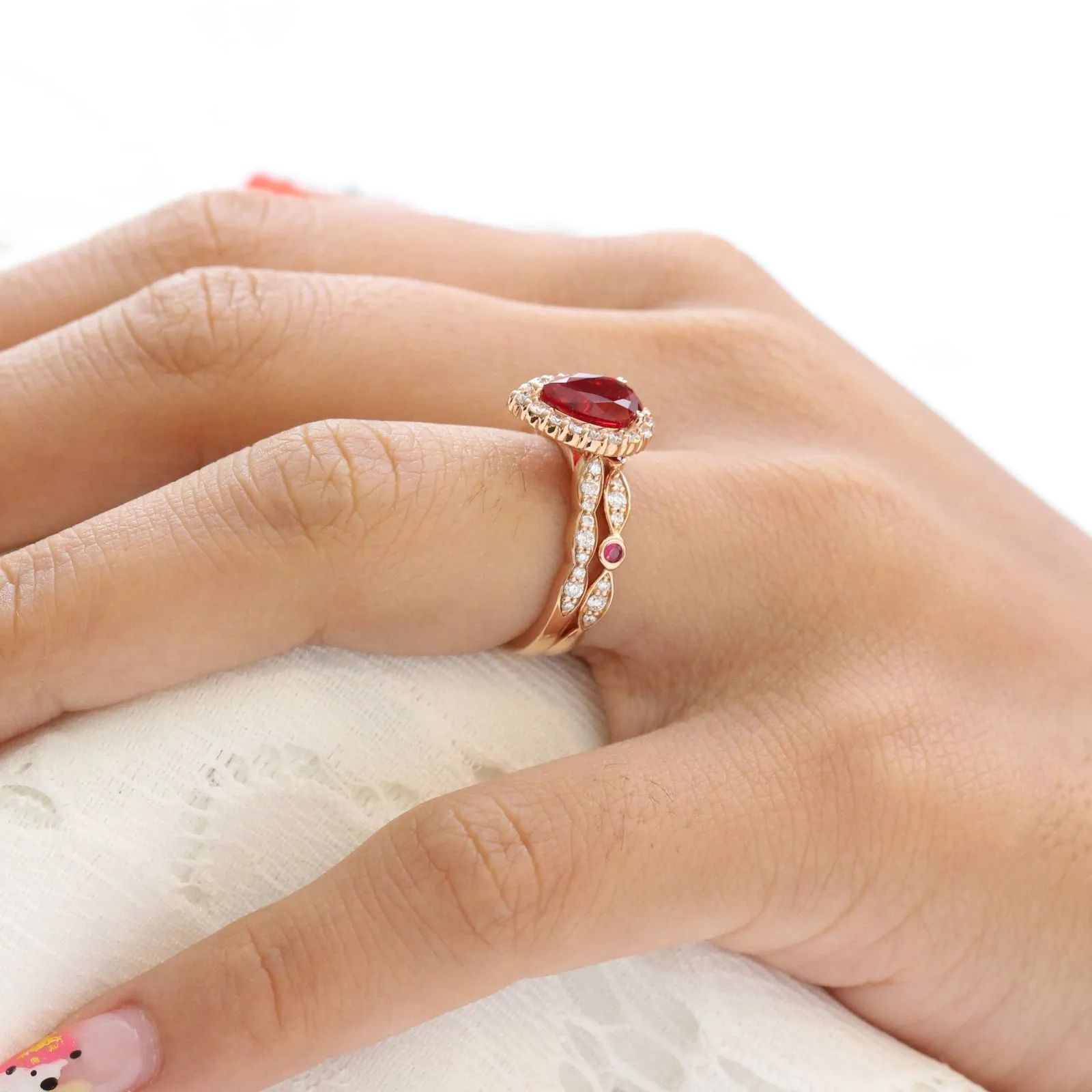 Luna Halo Pear Ring Bridal Set w/ Ruby and Diamond Bezel Wedding Band