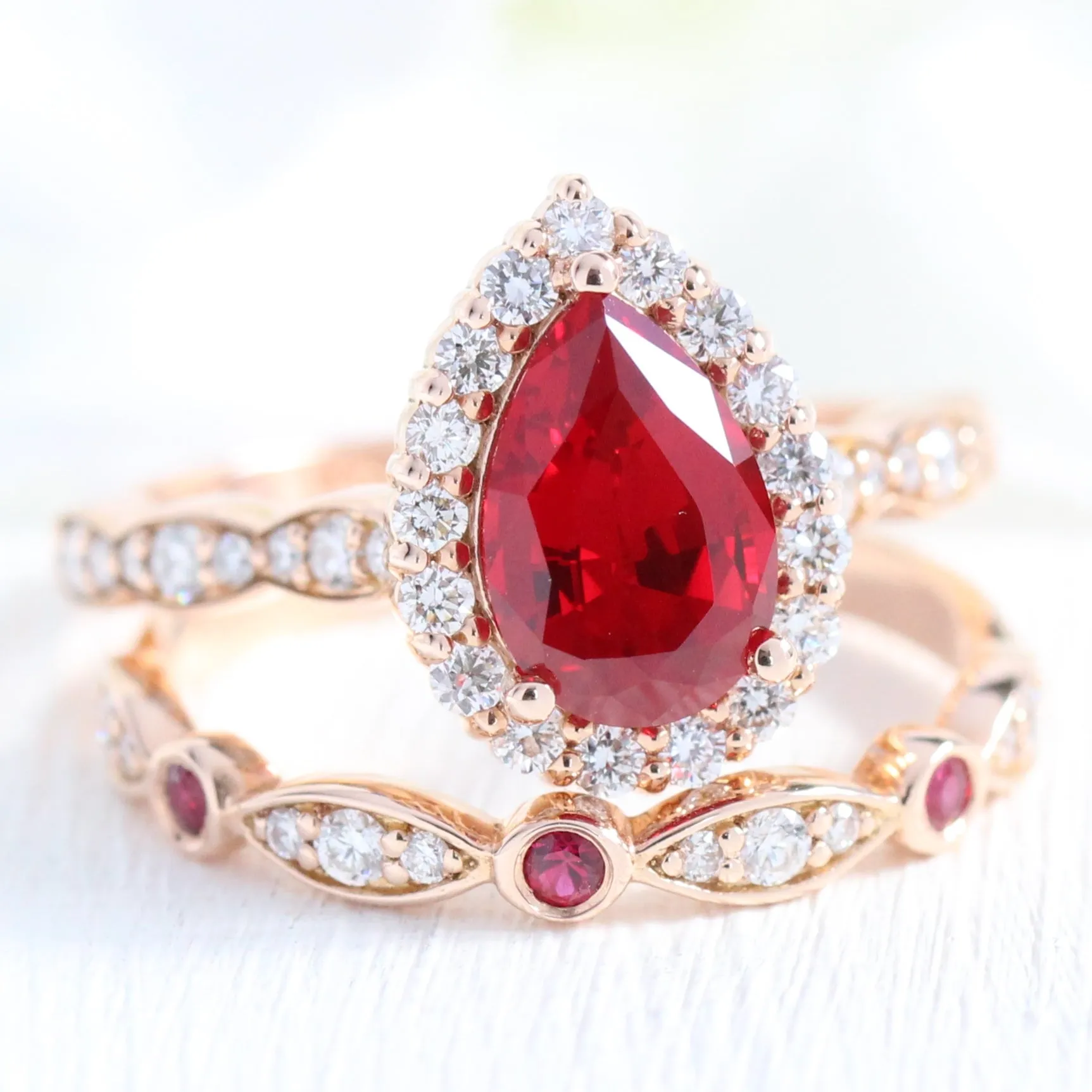 Luna Halo Pear Ring Bridal Set w/ Ruby and Diamond Bezel Wedding Band