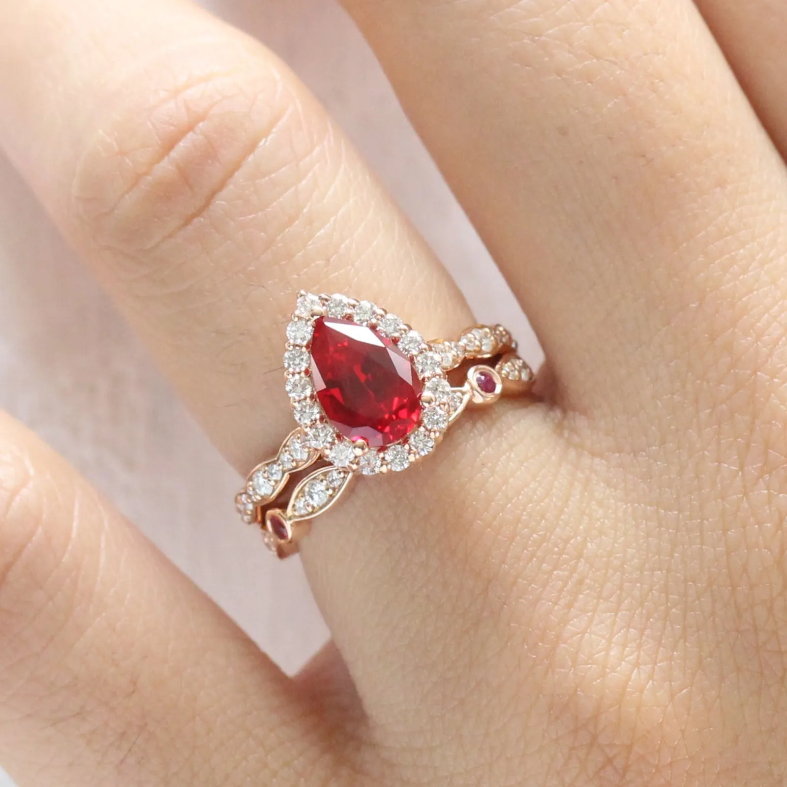 Luna Halo Pear Ring Bridal Set w/ Ruby and Diamond Bezel Wedding Band