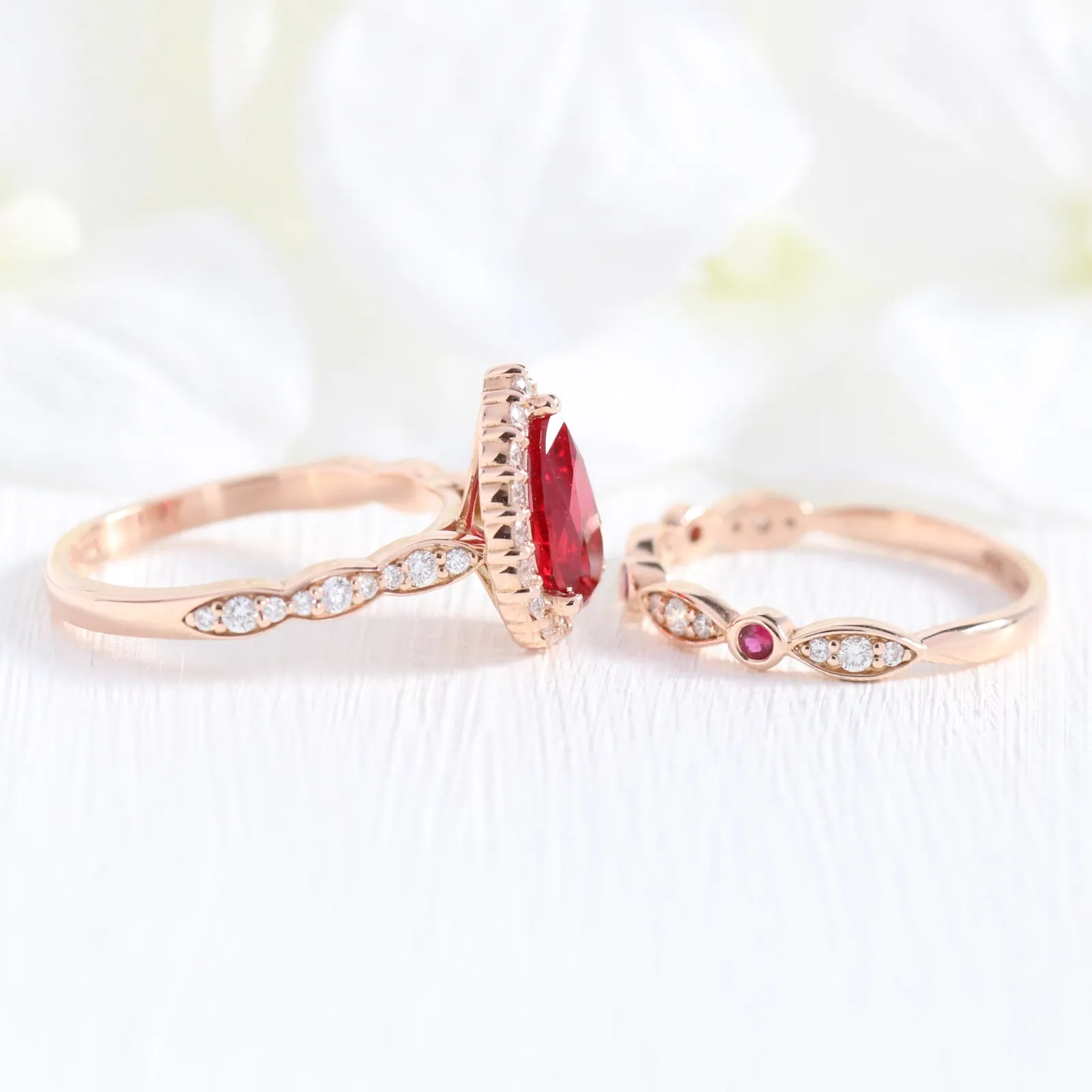 Luna Halo Pear Ring Bridal Set w/ Ruby and Diamond Bezel Wedding Band