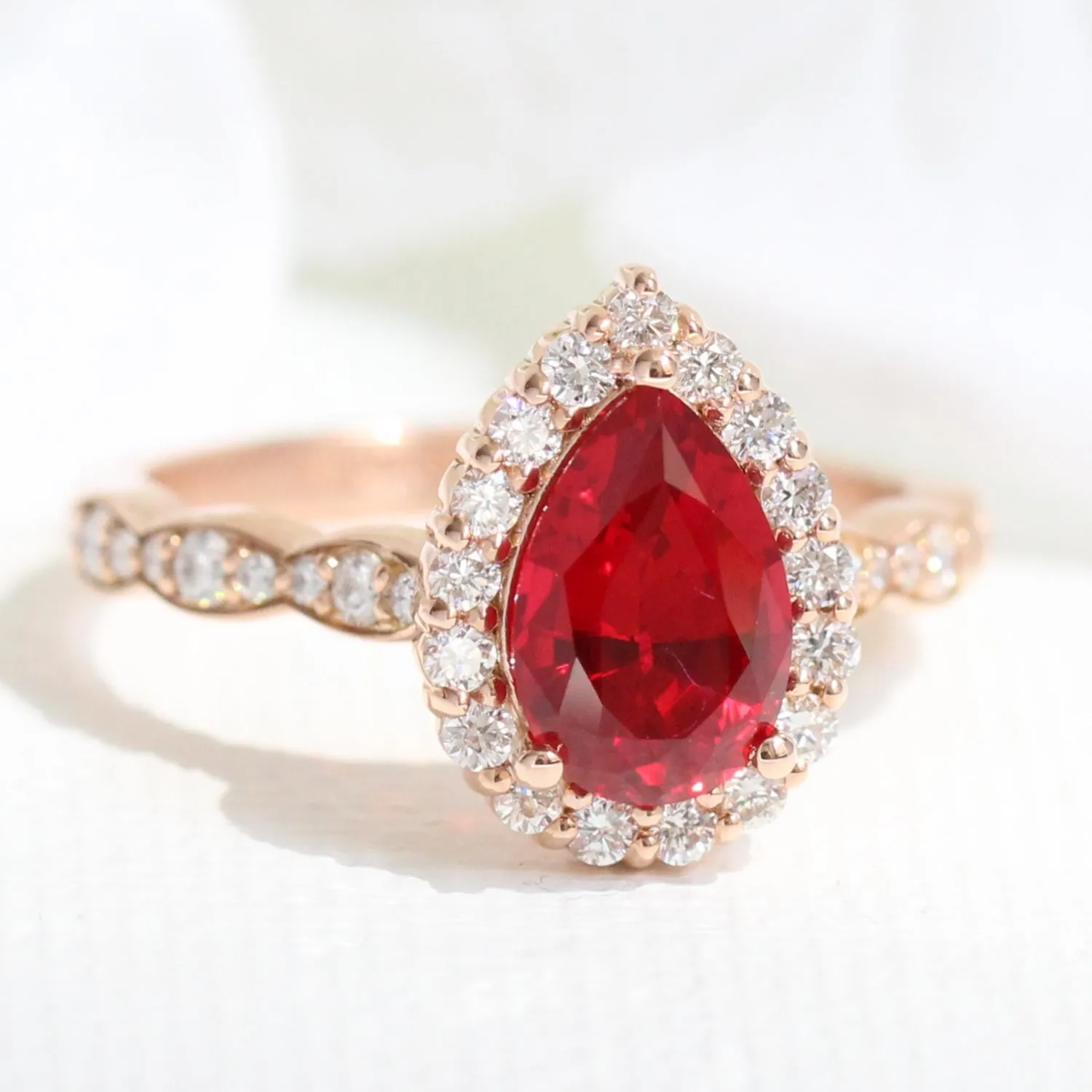 Luna Halo Pear Ring Bridal Set w/ Ruby and Diamond Bezel Wedding Band