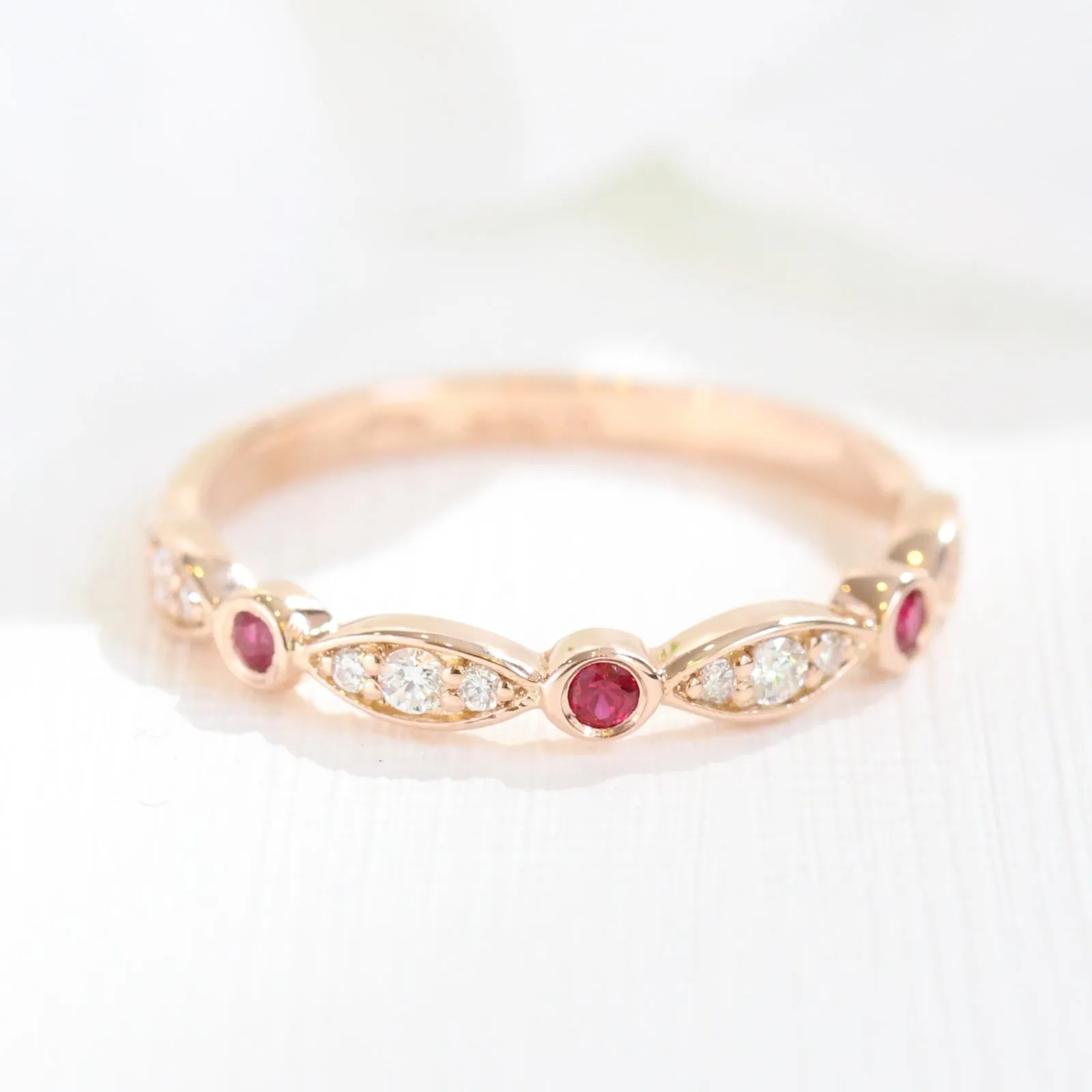 Luna Halo Pear Ring Bridal Set w/ Ruby and Diamond Bezel Wedding Band