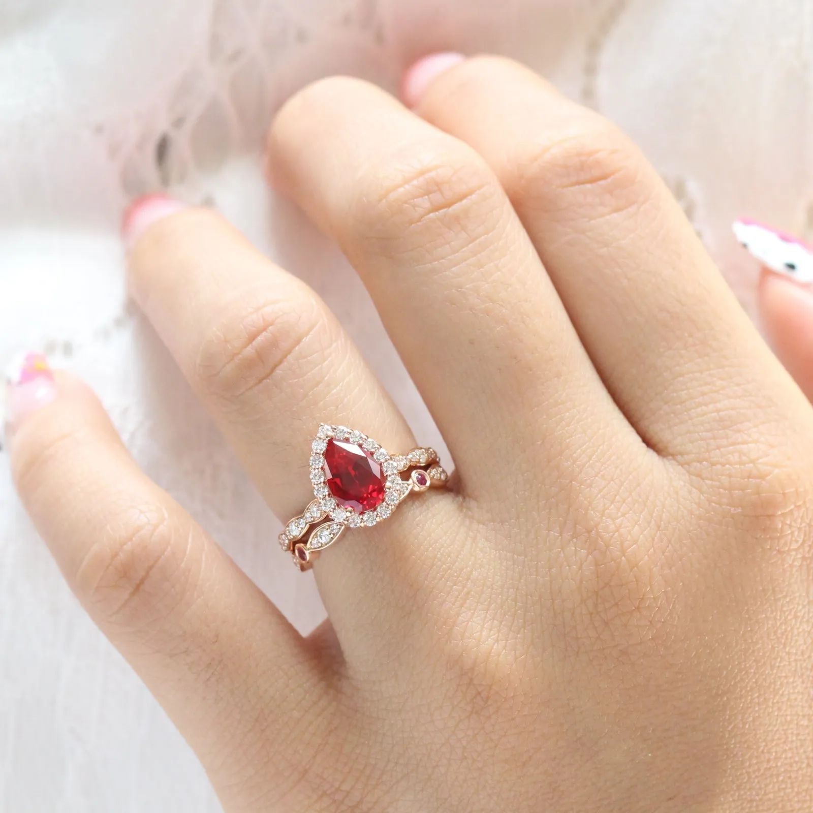 Luna Halo Pear Ring Bridal Set w/ Ruby and Diamond Bezel Wedding Band