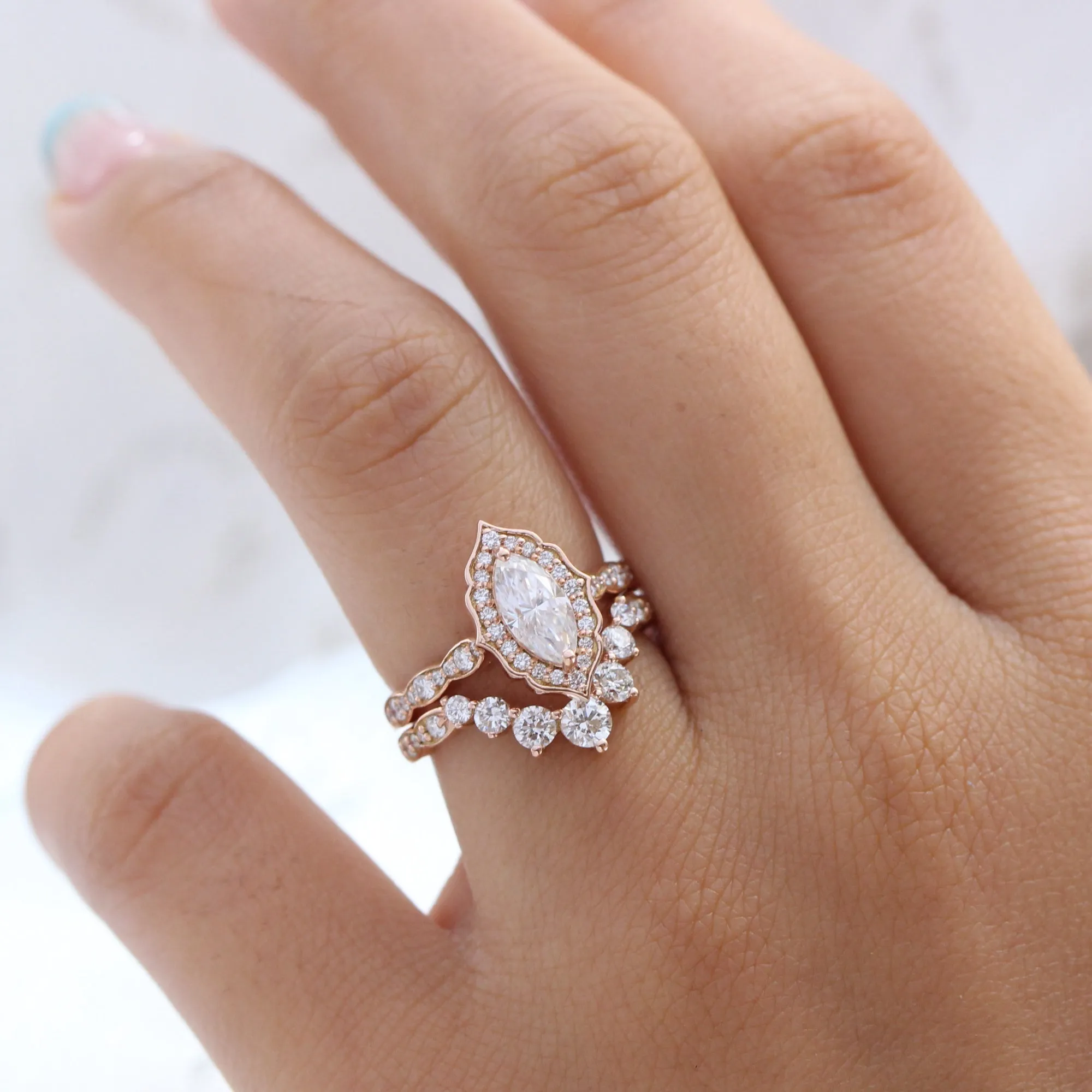 Marquise Moissanite Engagement Ring in Vintage Floral Diamond Band