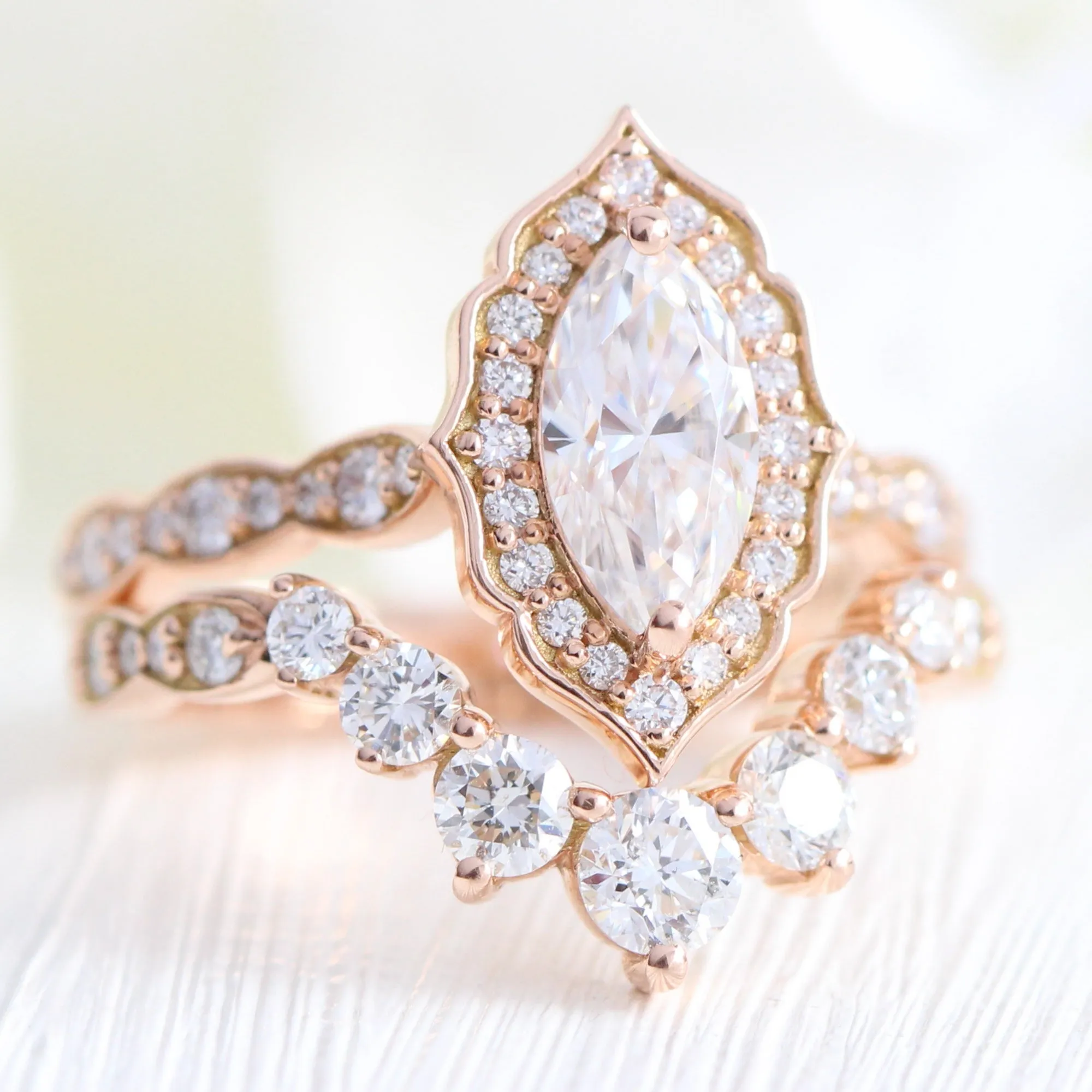 Marquise Moissanite Engagement Ring in Vintage Floral Diamond Band