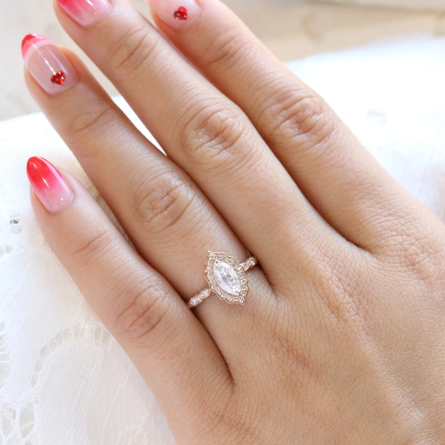 Marquise Moissanite Engagement Ring in Vintage Floral Diamond Band