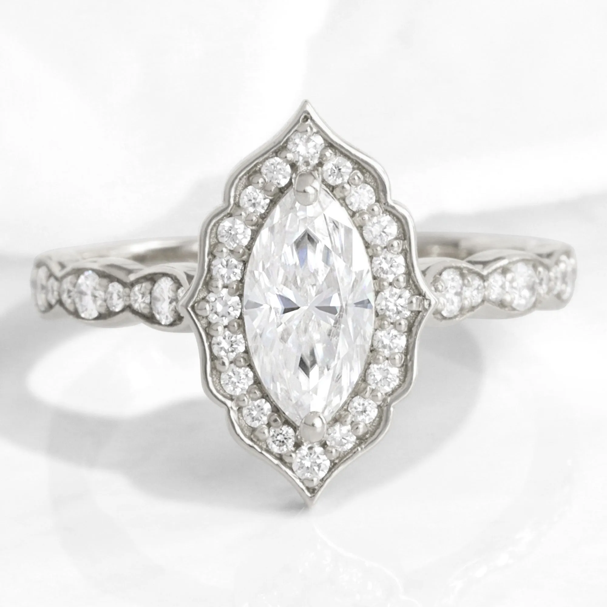 Marquise Moissanite Engagement Ring in Vintage Floral Diamond Band