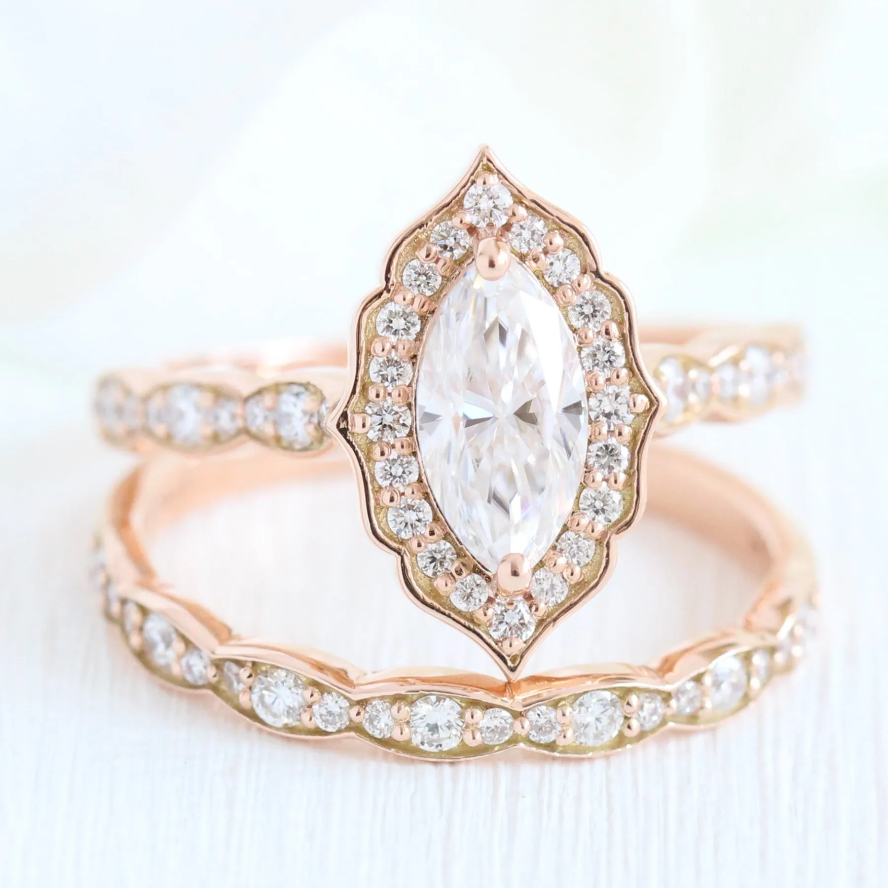 Marquise Moissanite Engagement Ring in Vintage Floral Diamond Band