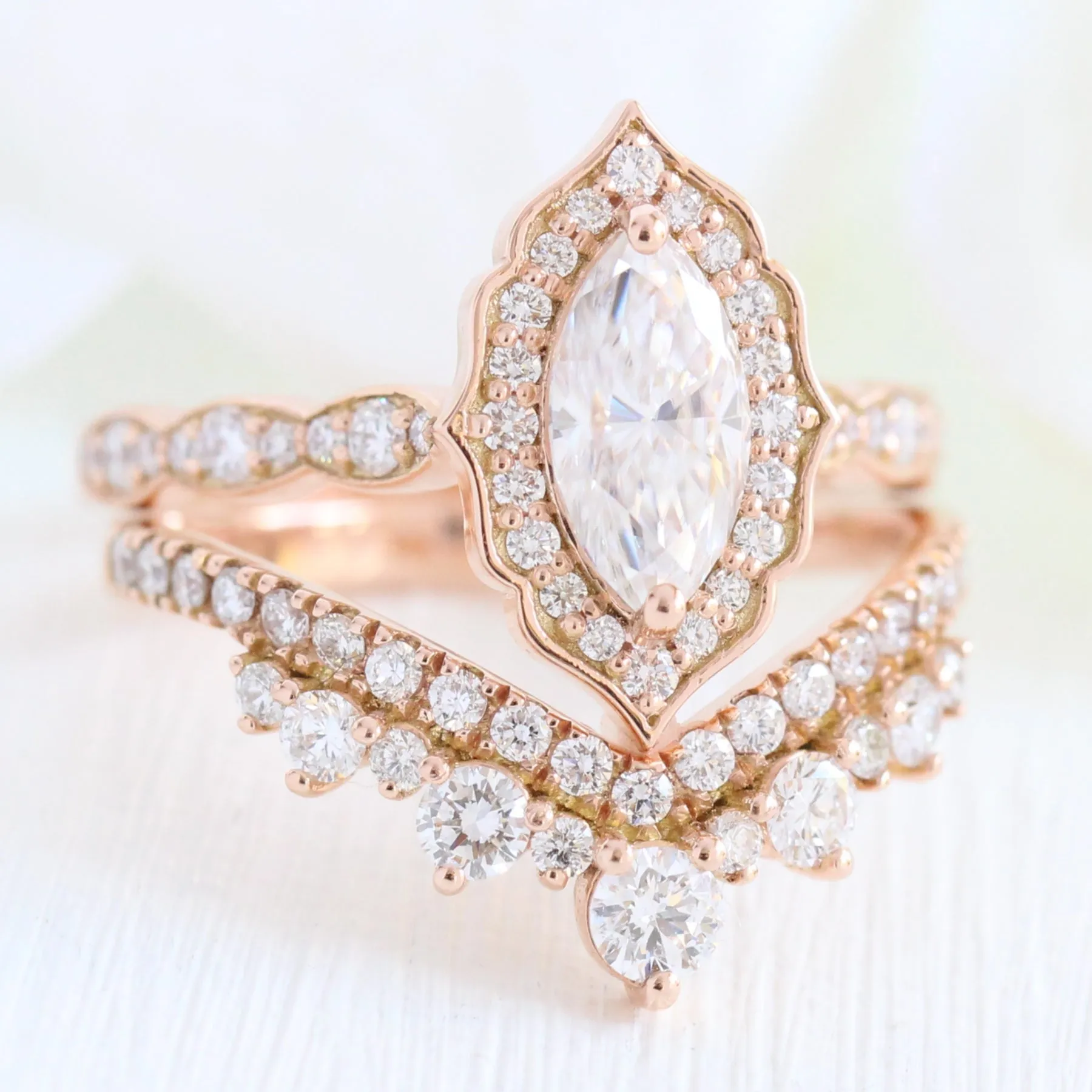 Marquise Moissanite Engagement Ring in Vintage Floral Diamond Band