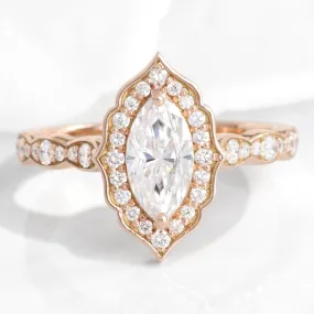 Marquise Moissanite Engagement Ring in Vintage Floral Diamond Band