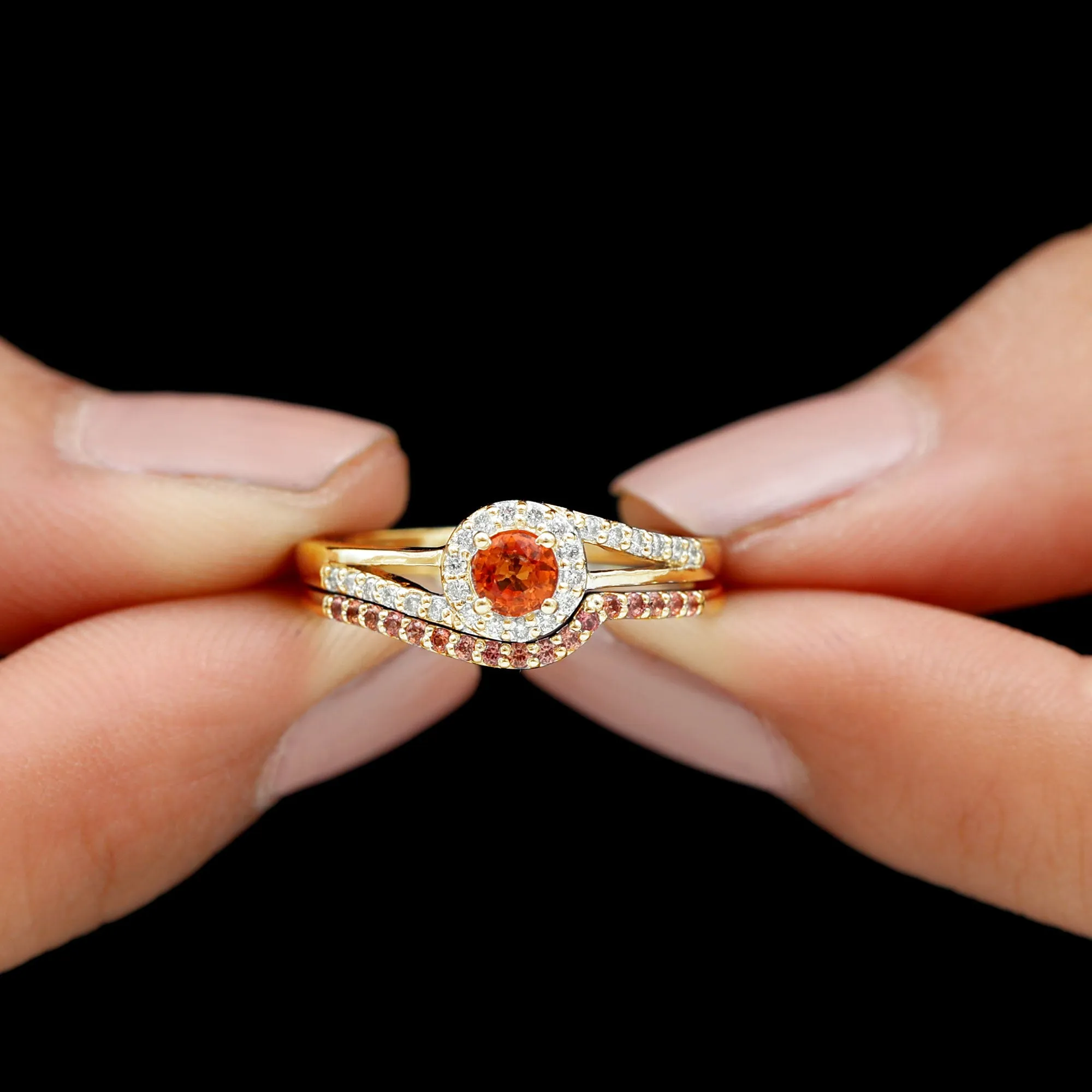 Minimal Lab Grown Orange Sapphire Engagement Ring with Enhancer Band