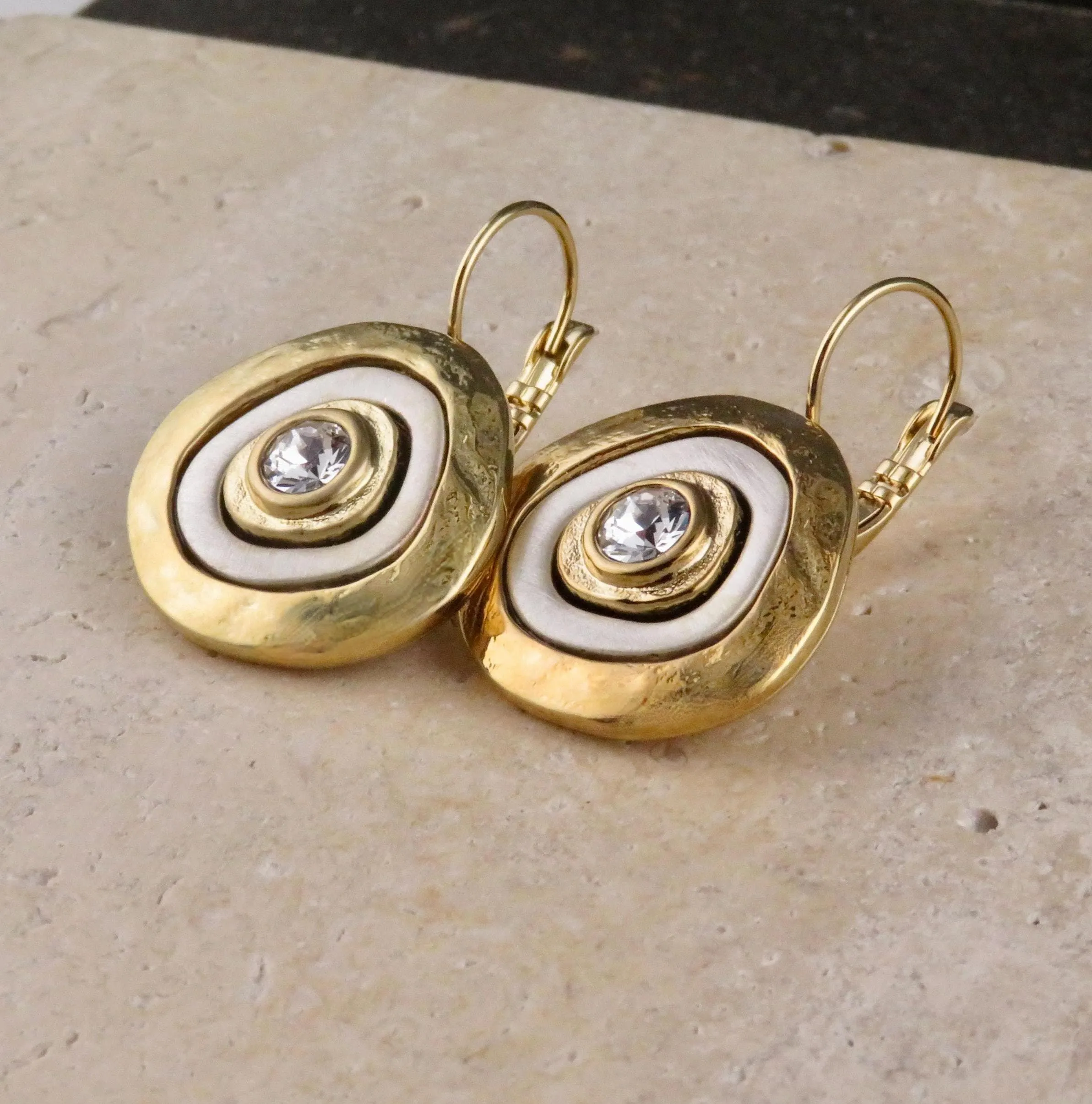 Mixed Metal Gold Medallion Earrings - Lever Back Closure