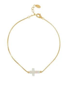 Mocha Sterling Silver Mini Cross Gold Fine Bracelet - White