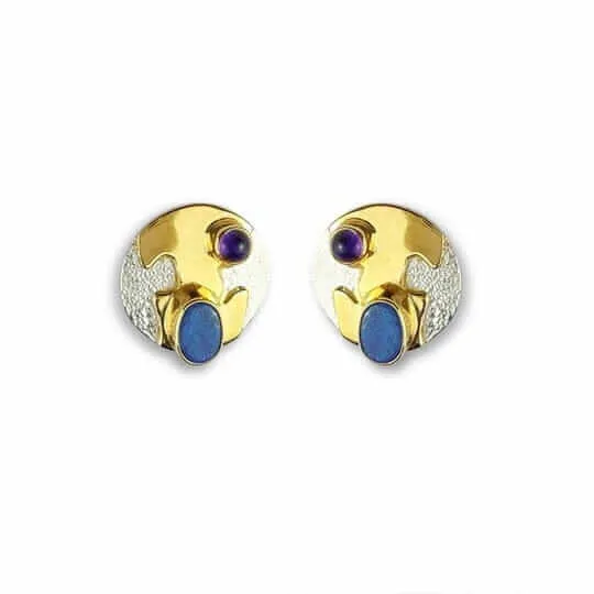 Monet Reflections Water Lily Stud Earrings - Sterling Silver with Opal & Amethyst