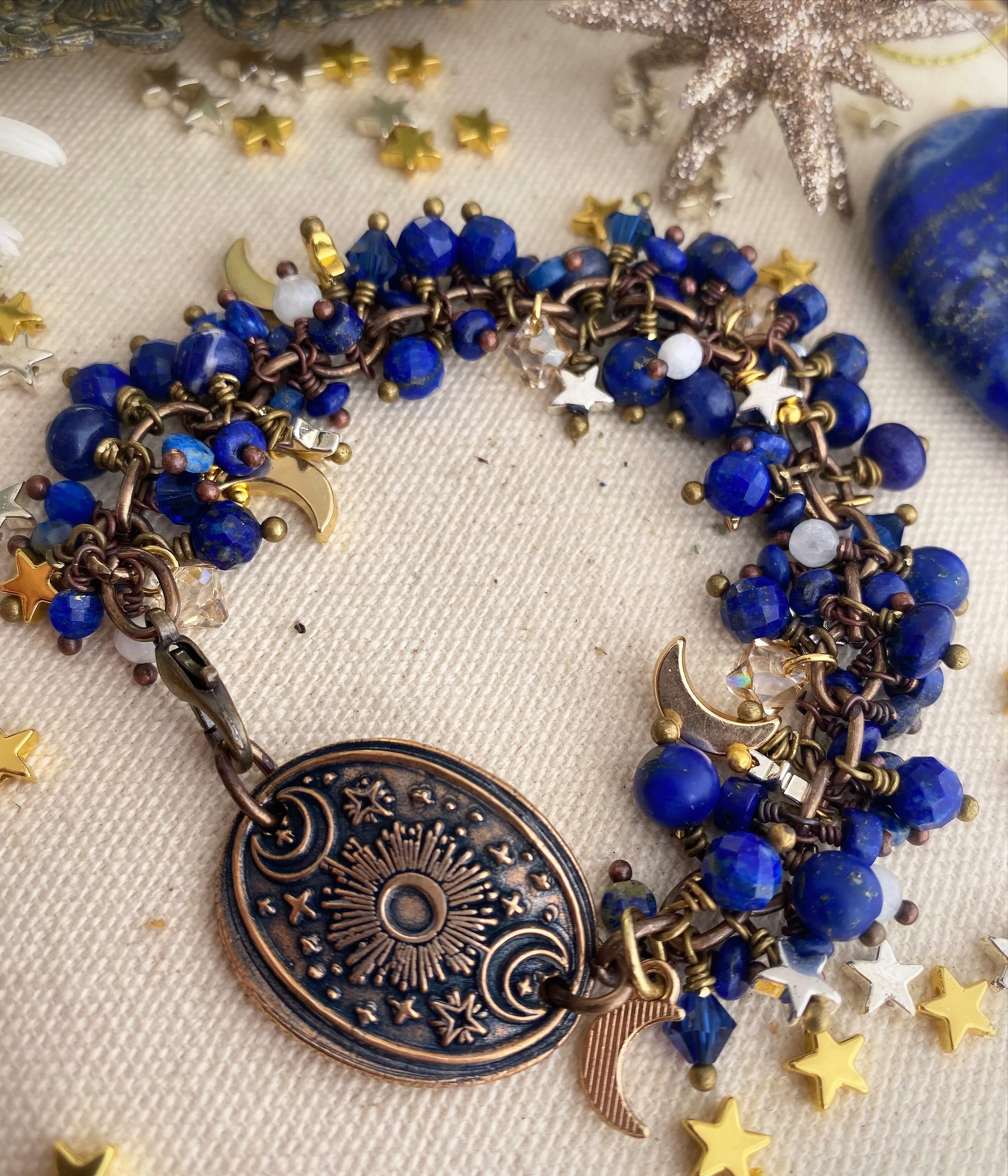 Moon and stars. Handmade bronze metal cuff, lapis lazuli stone, moon, star charms, Swarovski crystals, bracelet , jewelry