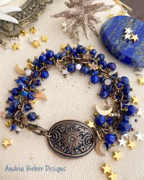 Moon and stars. Handmade bronze metal cuff, lapis lazuli stone, moon, star charms, Swarovski crystals, bracelet , jewelry