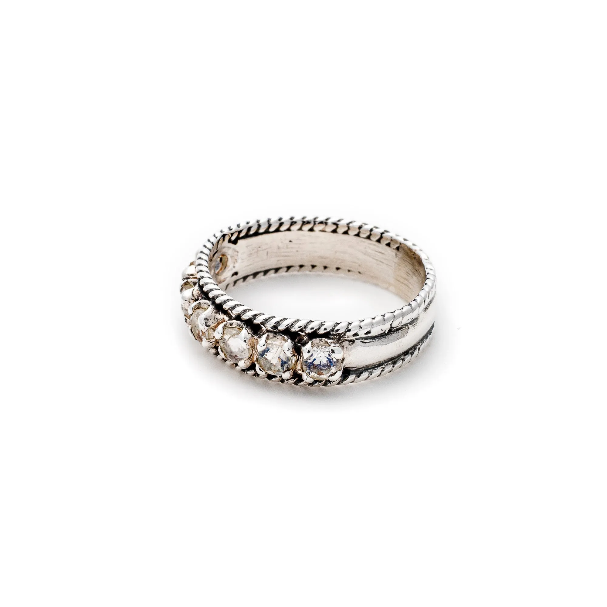 Moonstone Ring - White Half Eternity Band - Rainbow Moonstone Ring