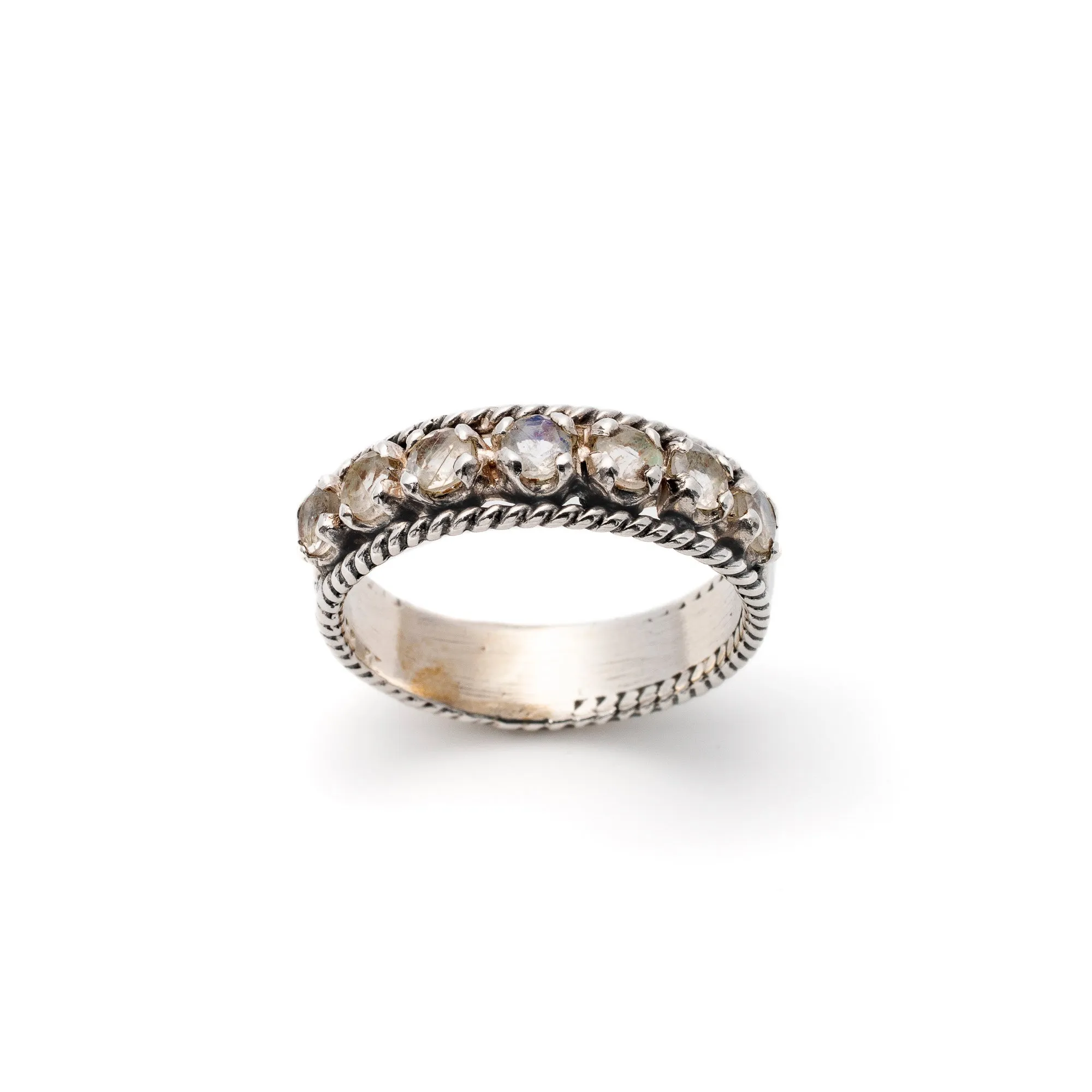 Moonstone Ring - White Half Eternity Band - Rainbow Moonstone Ring