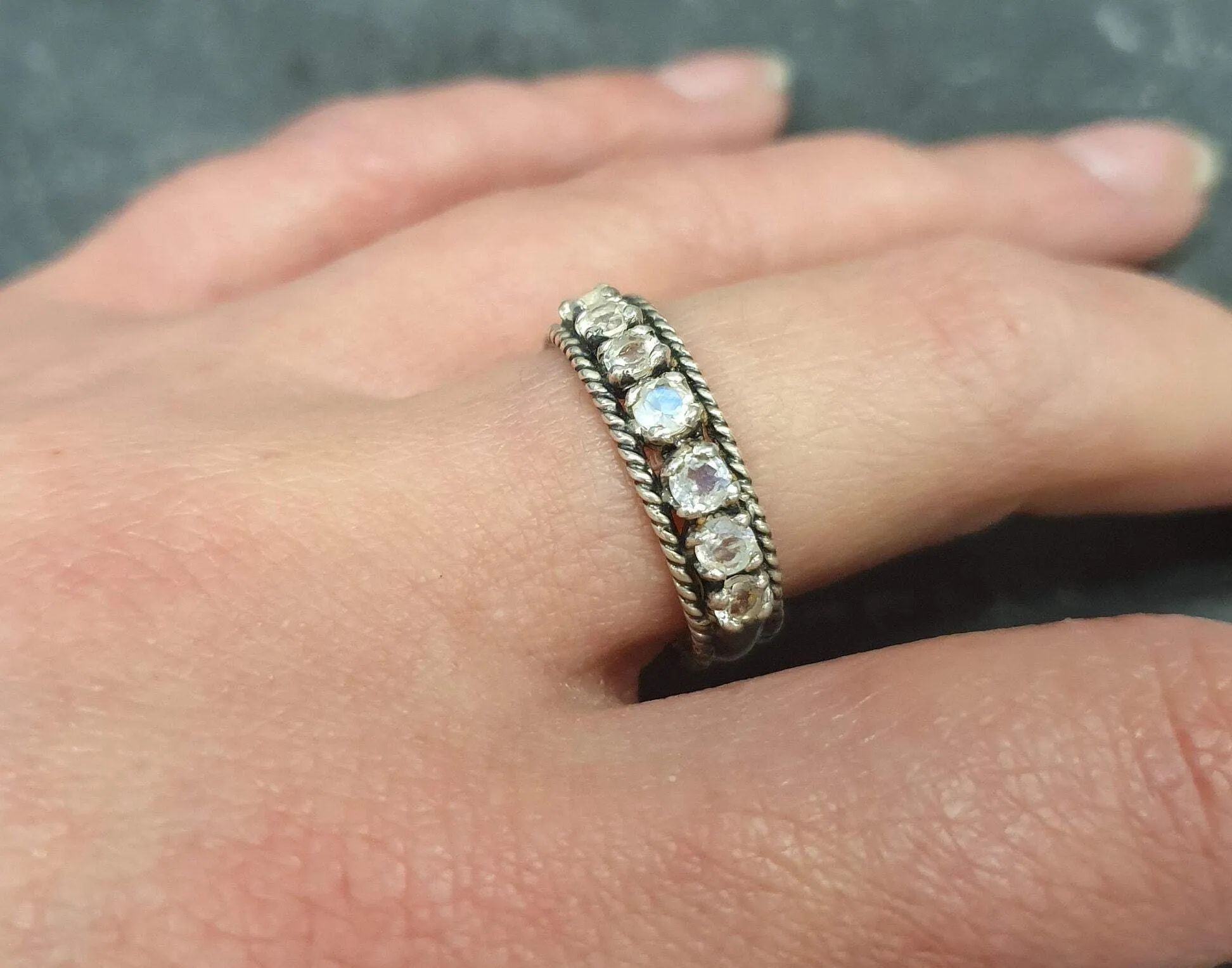 Moonstone Ring - White Half Eternity Band - Rainbow Moonstone Ring