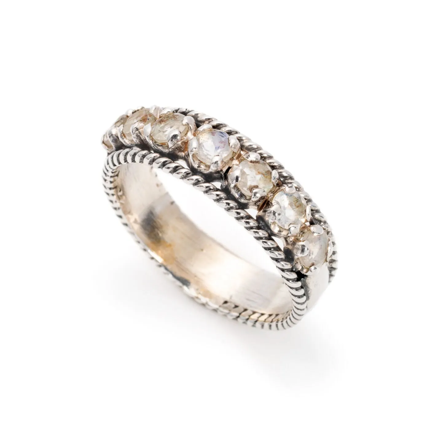 Moonstone Ring - White Half Eternity Band - Rainbow Moonstone Ring