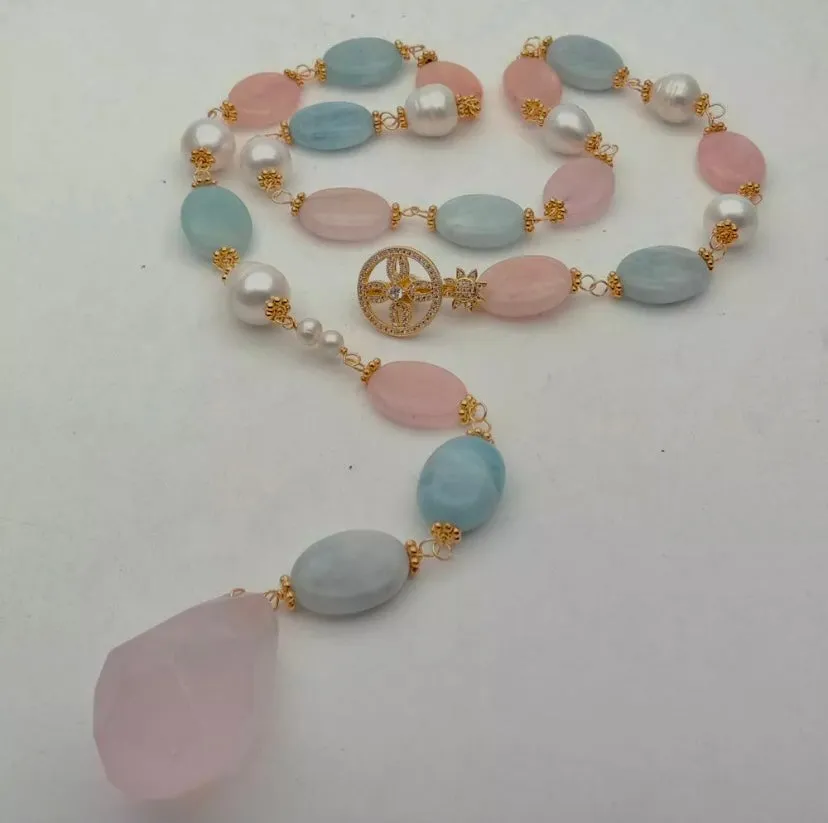 Morganite, Rose Quartz and Pearl Gemstone Statement Necklace 28"