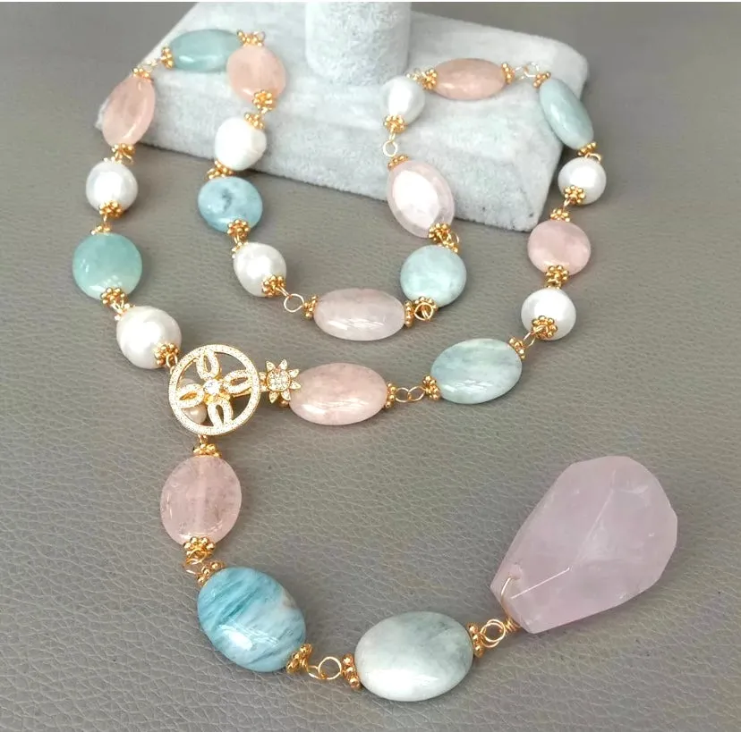 Morganite, Rose Quartz and Pearl Gemstone Statement Necklace 28"