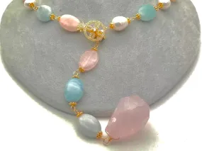 Morganite, Rose Quartz and Pearl Gemstone Statement Necklace 28"